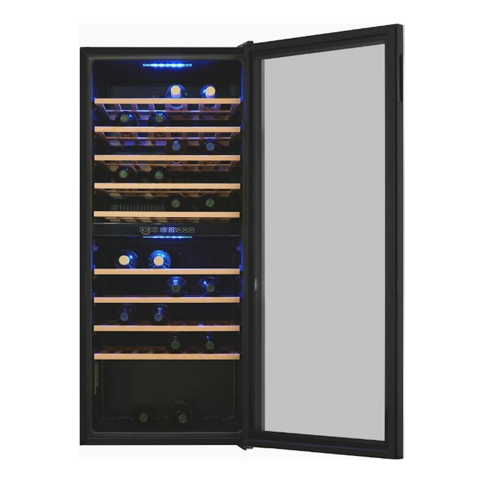Vinoteca Exquisit WS2-114-GTE-160G negra, vista frontal con la puerta abierta e interior con botellas y baldas.