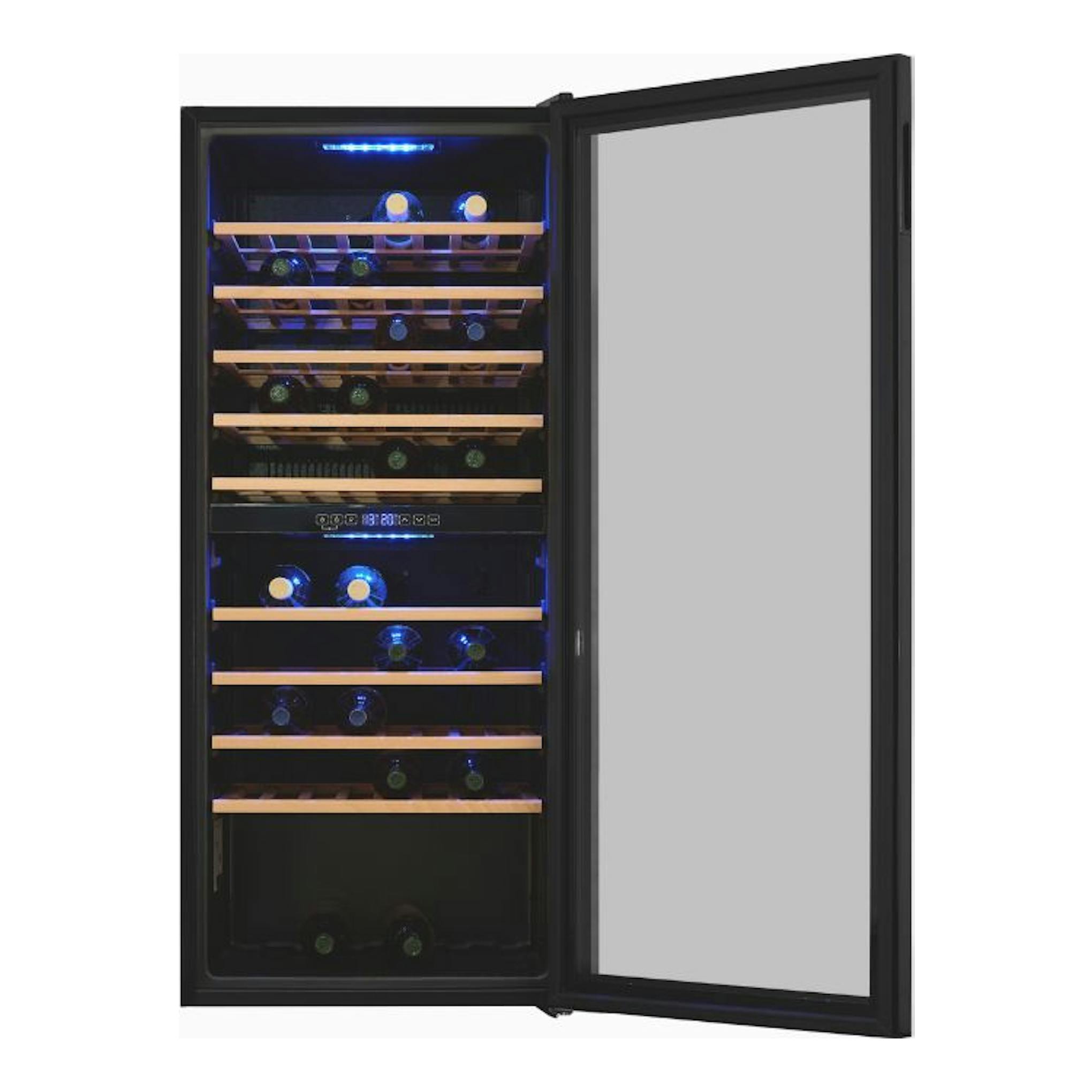 Vinoteca Exquisit WS2-114-GTE-160G negra, vista frontal con la puerta abierta e interior con botellas y baldas.