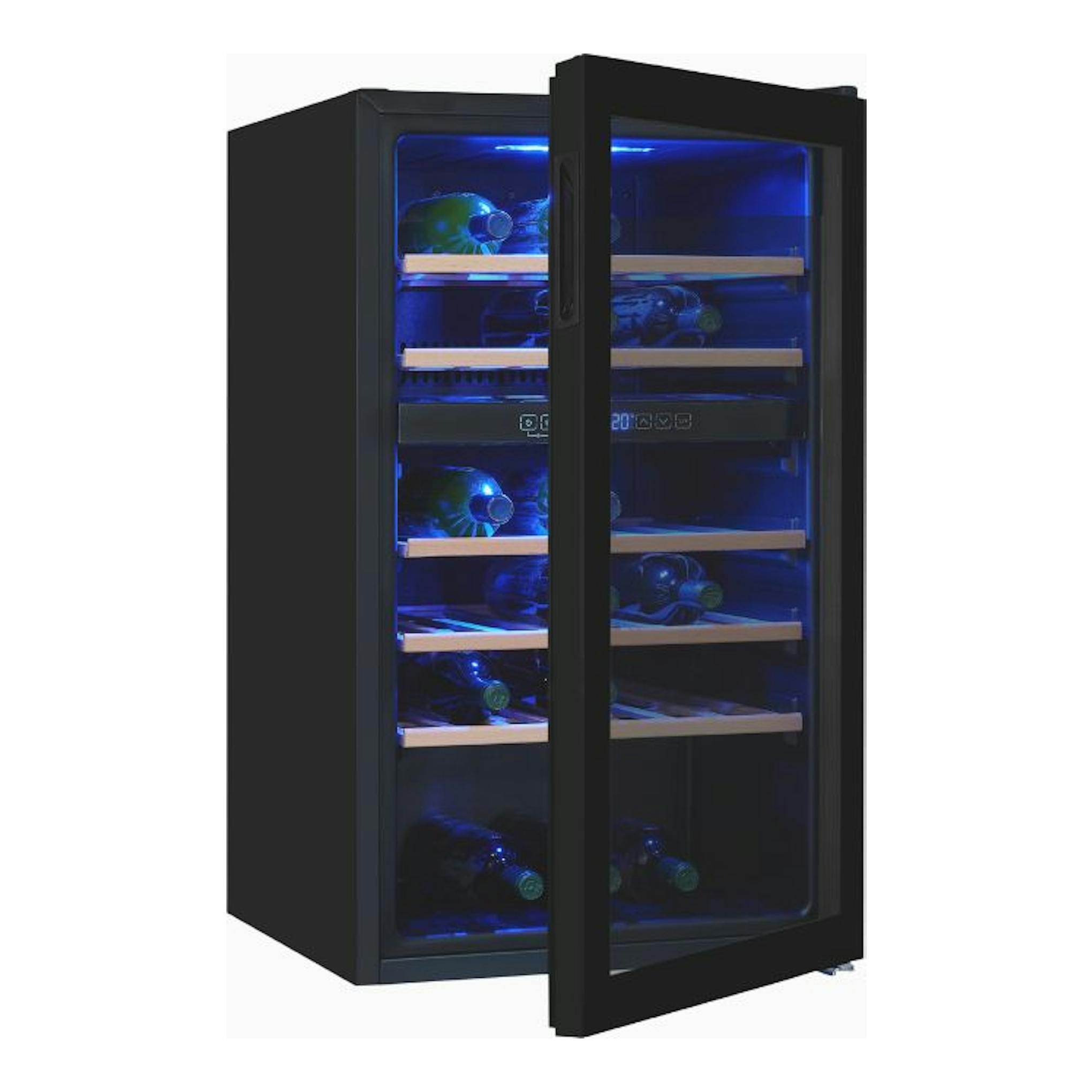 Vinoteca Exquisit WS2-45-GTE-160G negra, vista frontal en ángulo, puerta de cristal abierta y luz interior azul.