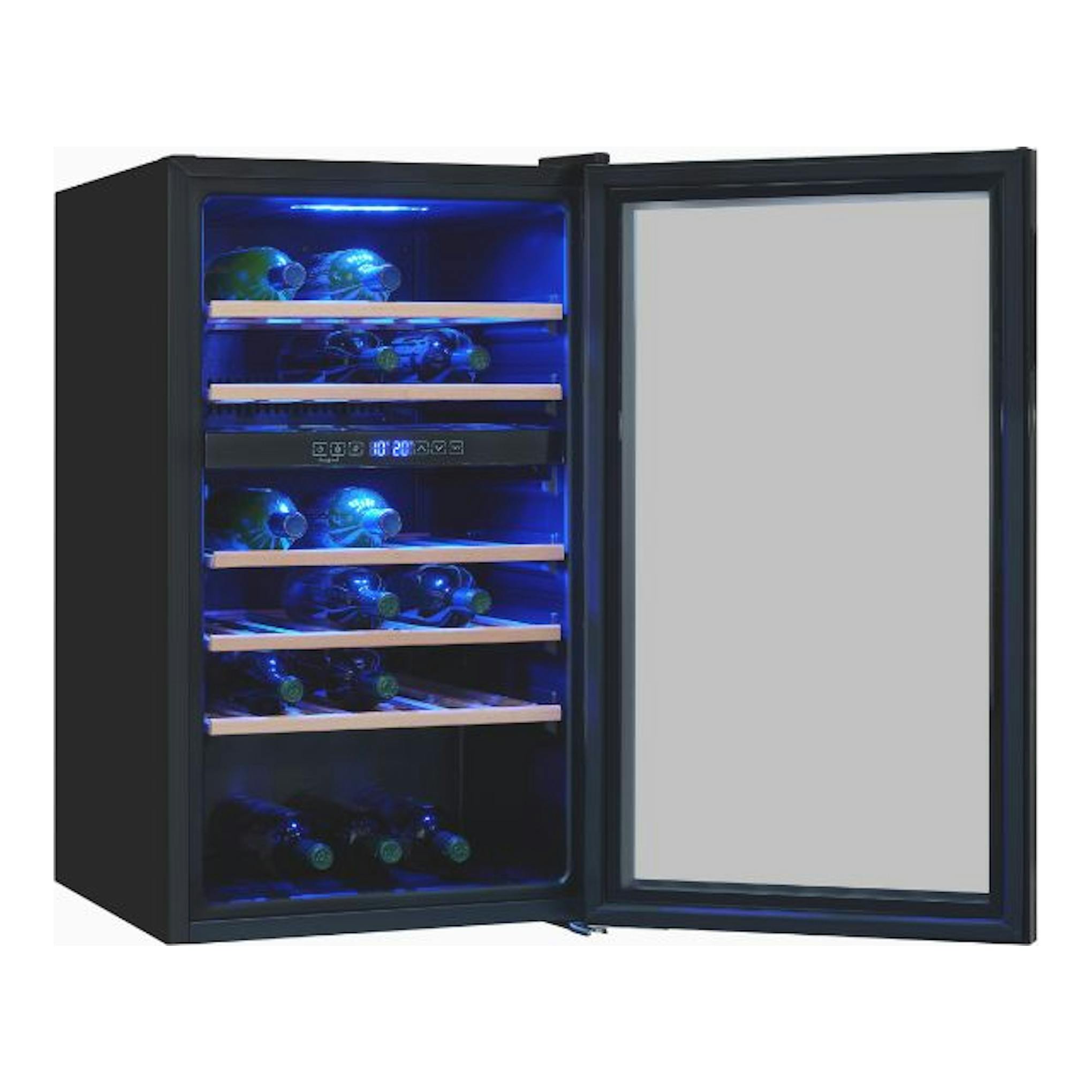 Vinoteca Exquisit WS2-45-GTE-160G negra, puerta abierta, vista frontal, interior con luz azul y estantes de madera.