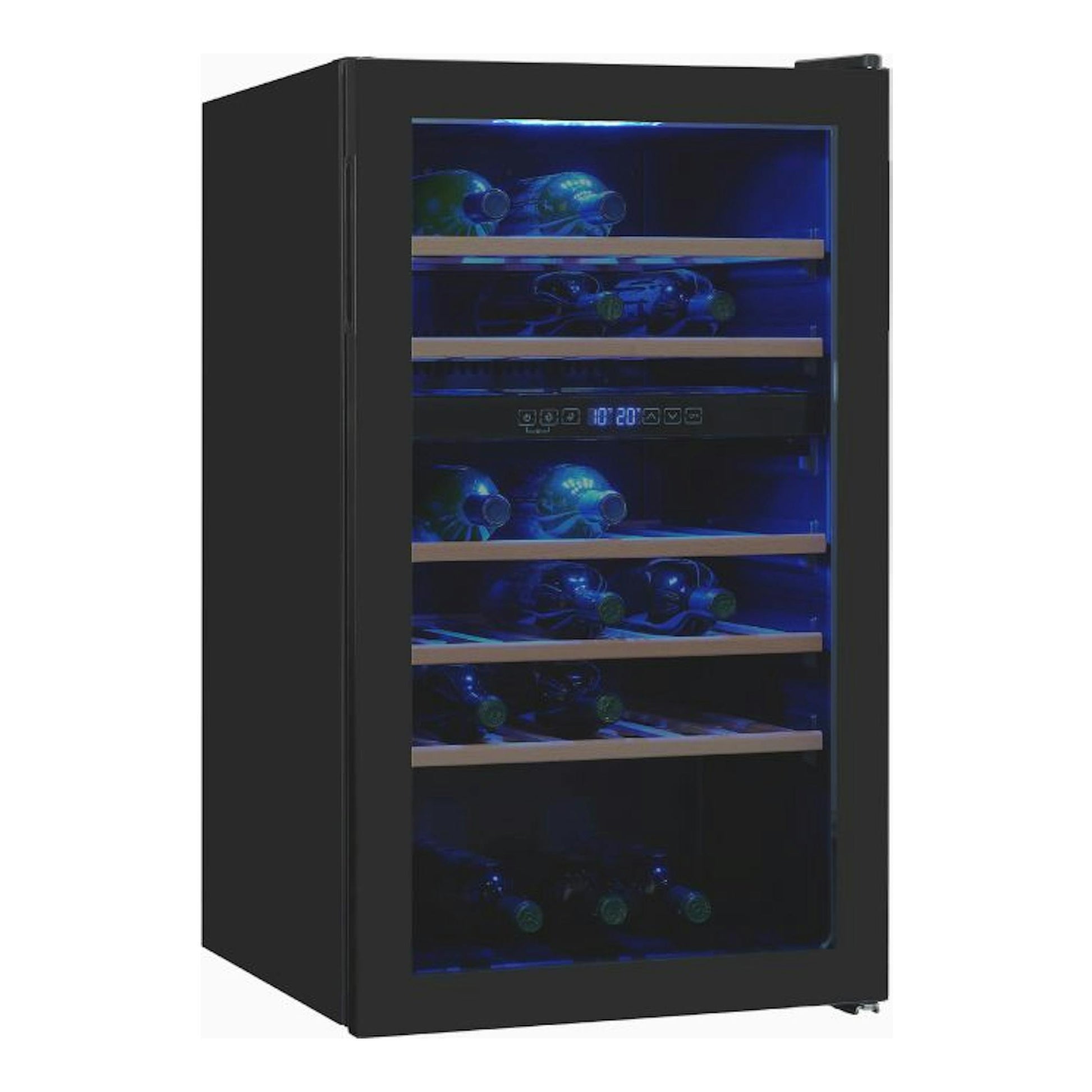 Vinoteca Exquisit WS2-45-GTE-160G negra, vista frontal, puerta de vidrio e interior iluminado en azul.
