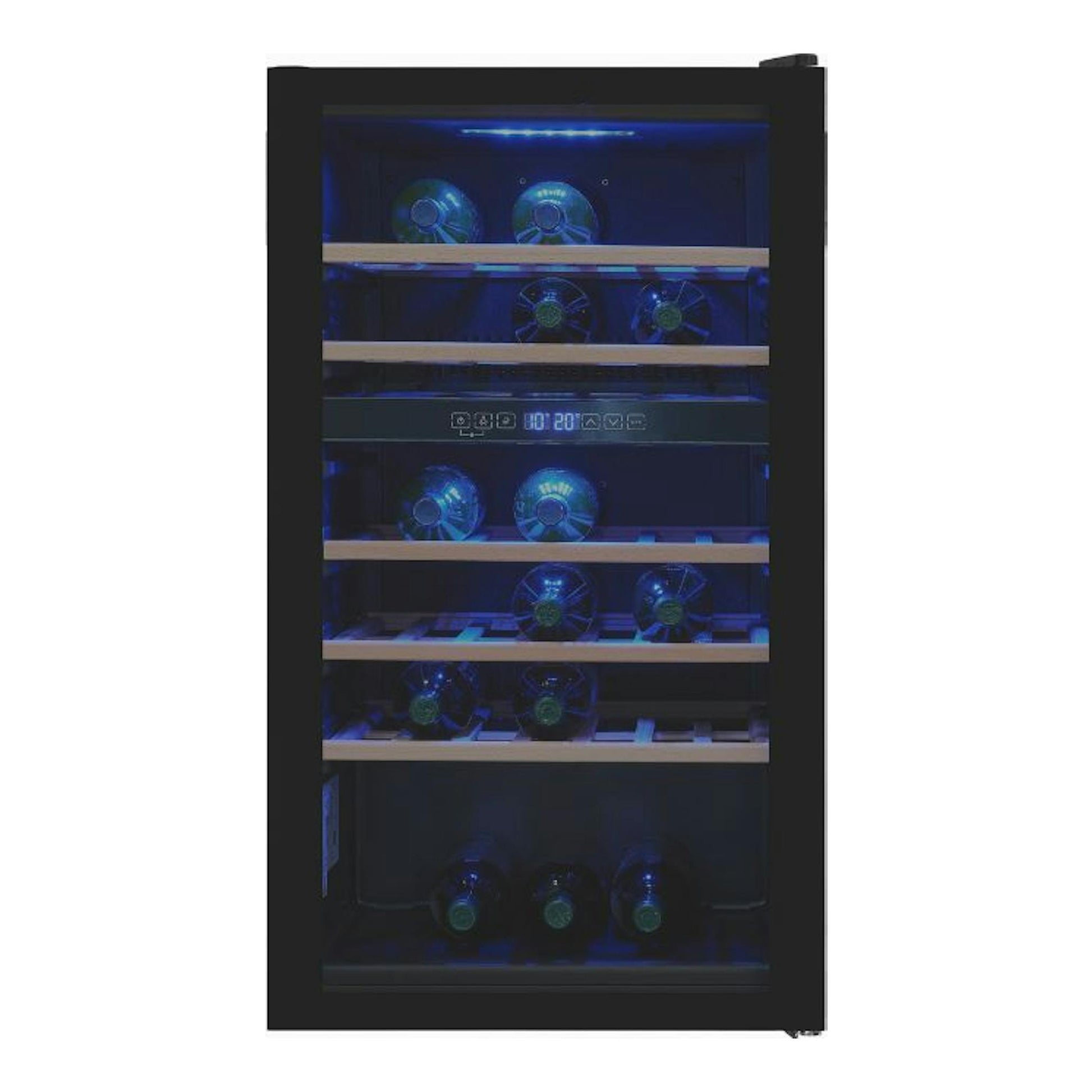 Vinoteca Exquisit WS2-45-GTE-160G negra, vista frontal, con botellas y estantes de madera.