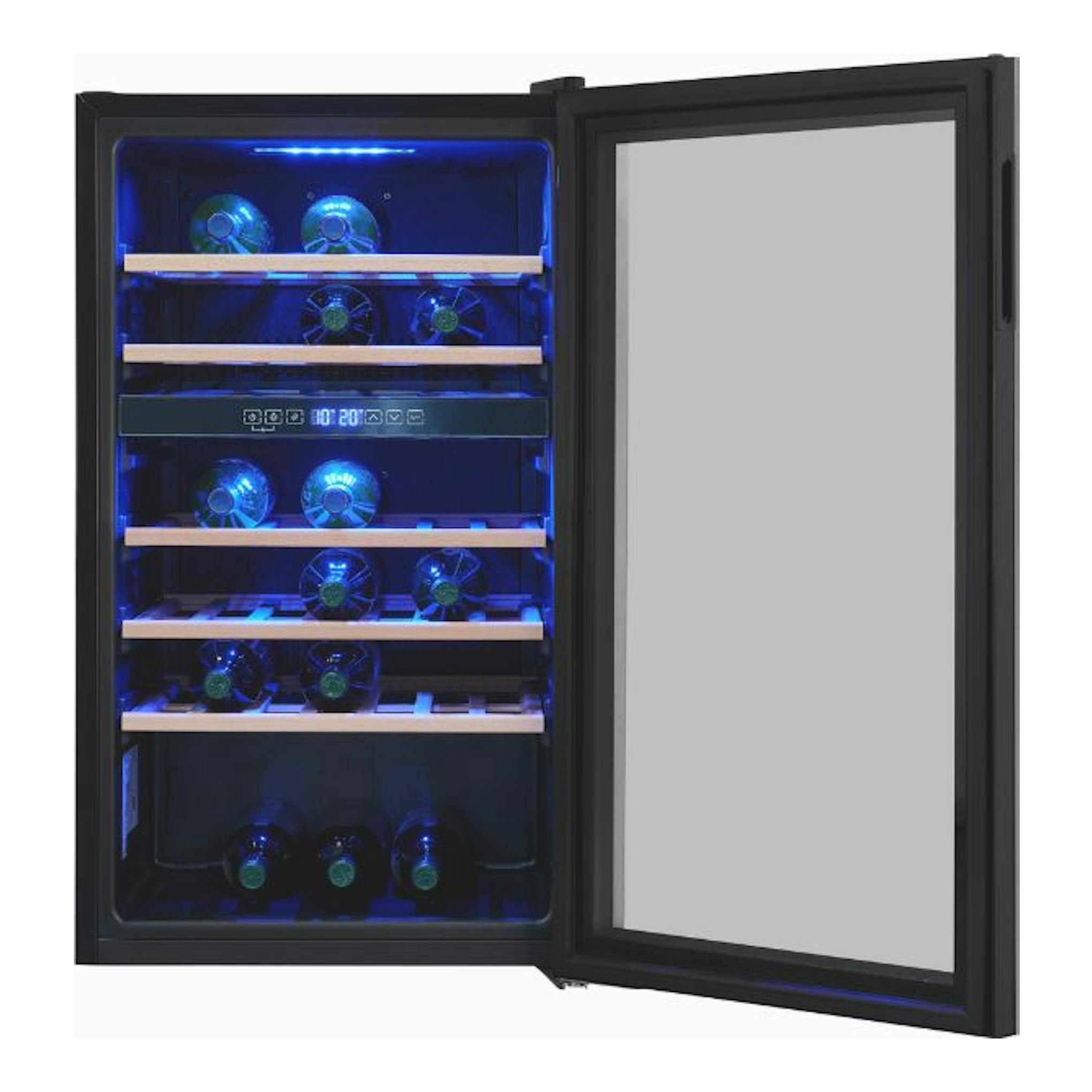 Vinoteca Exquisit WS2-45-GTE-160G negra, vista frontal abierta, interior iluminado en azul y botellas en baldas.