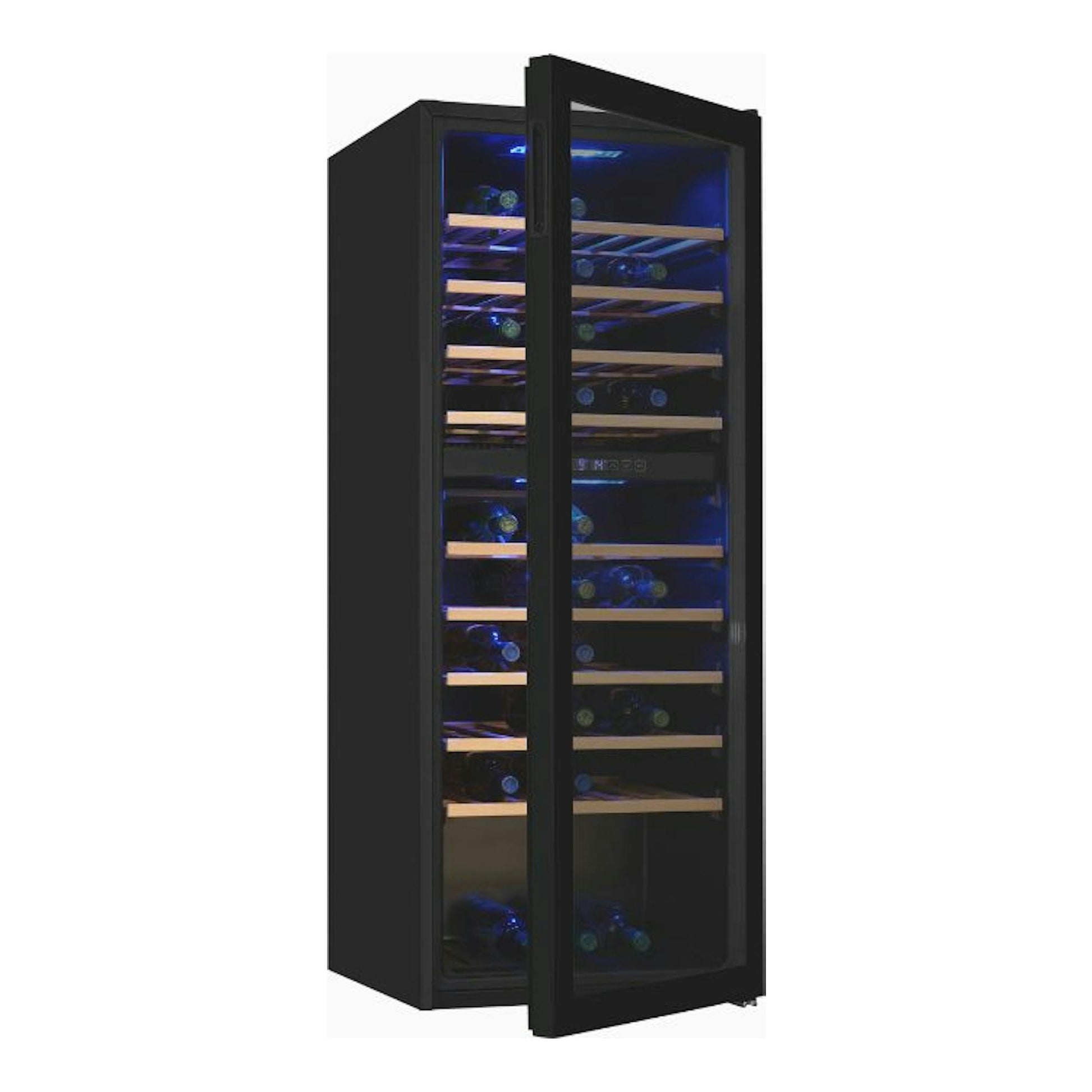 Vinoteca Exquisit WS2-78-GTE-160G negra, vista frontal en ángulo, puerta de vidrio abierta y baldas de madera.
