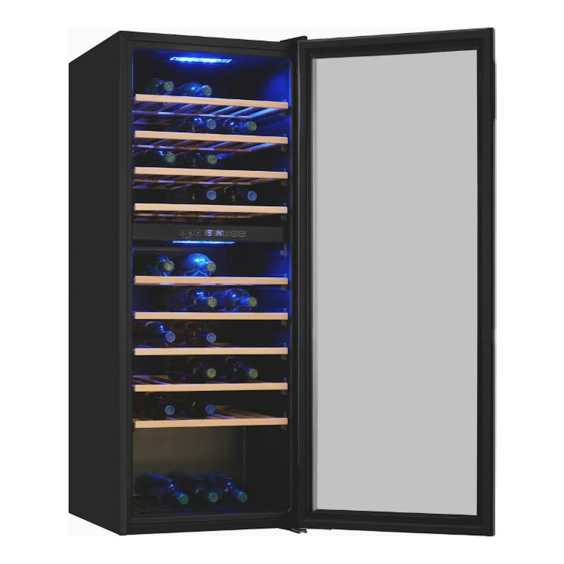Vinoteca Exquisit WS2-78-GTE-160G negra, vista frontal abierta, con estantes de madera e iluminación azul.