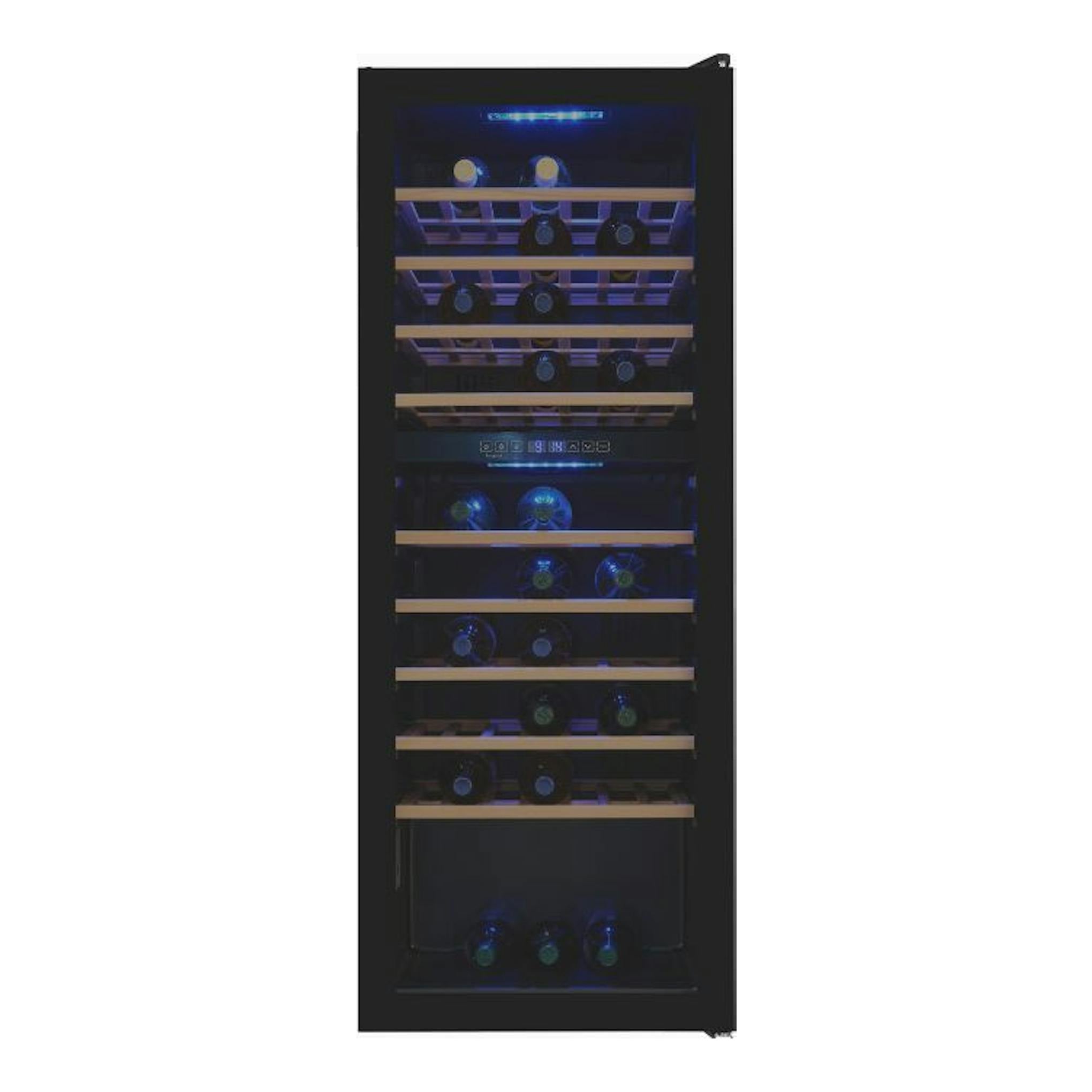 Vinoteca Exquisit WS2-78-GTE-160G negra, vista frontal, con botellas y dos zonas de temperatura