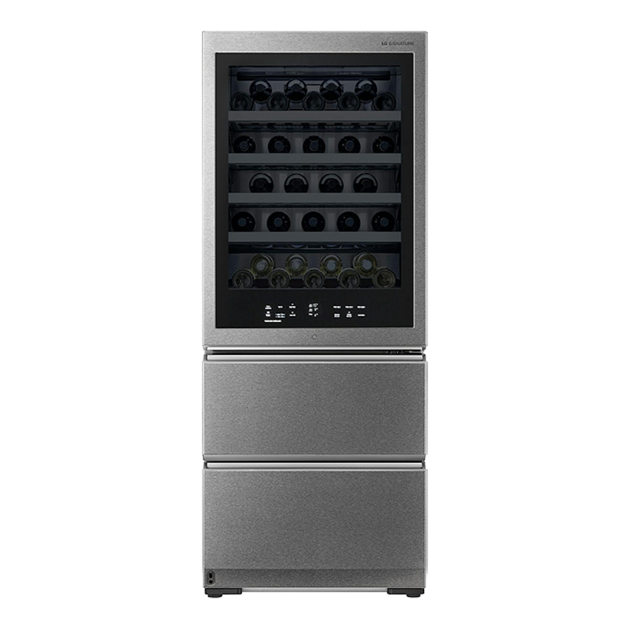Vinoteca LG SIGNATURE LSR200W de inox, vista frontal, con puerta superior de vidrio y dos compartimentos inferiores.