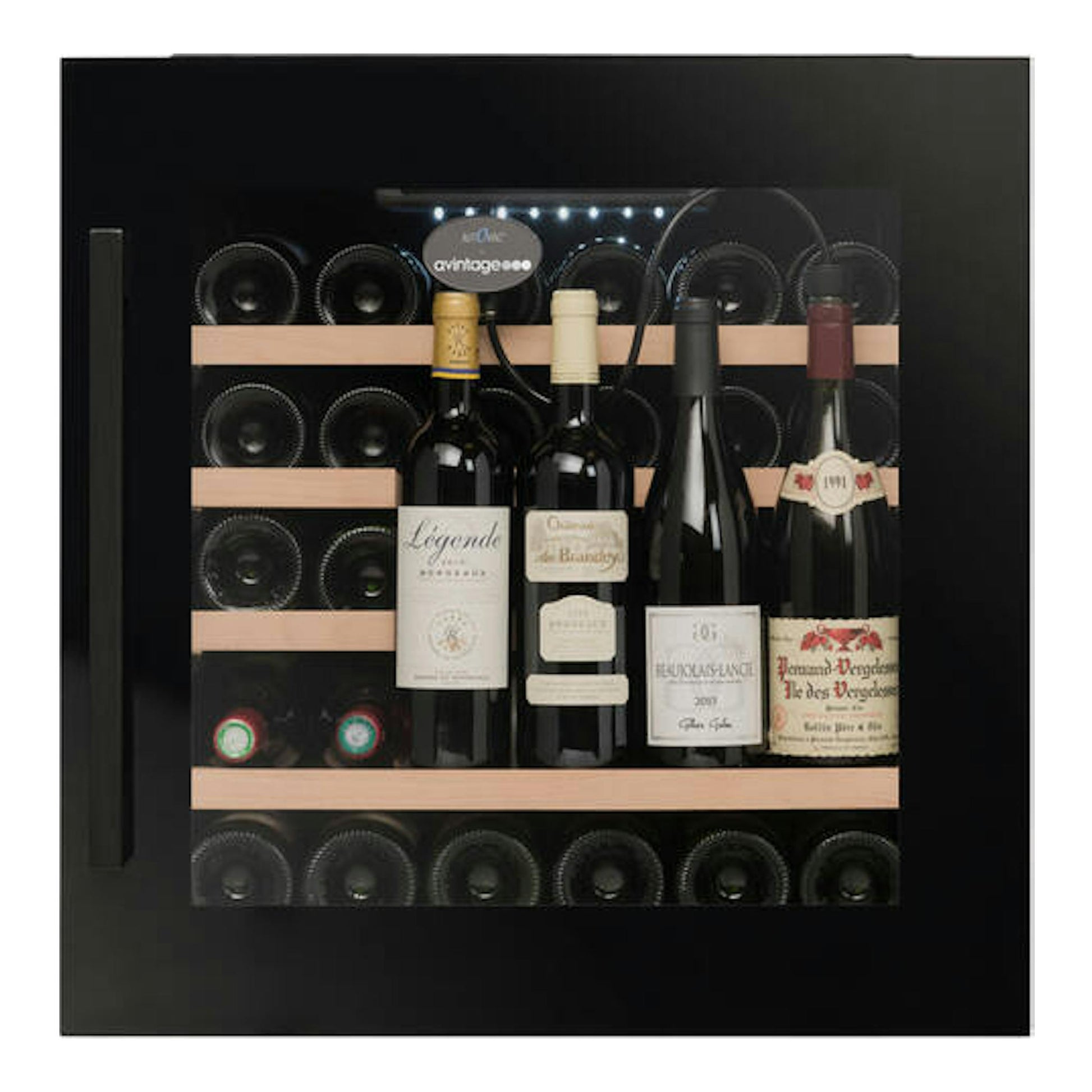 Vinoteca integrable negra Avintage, vista frontal, con estantes de madera y varias botellas en el interior.