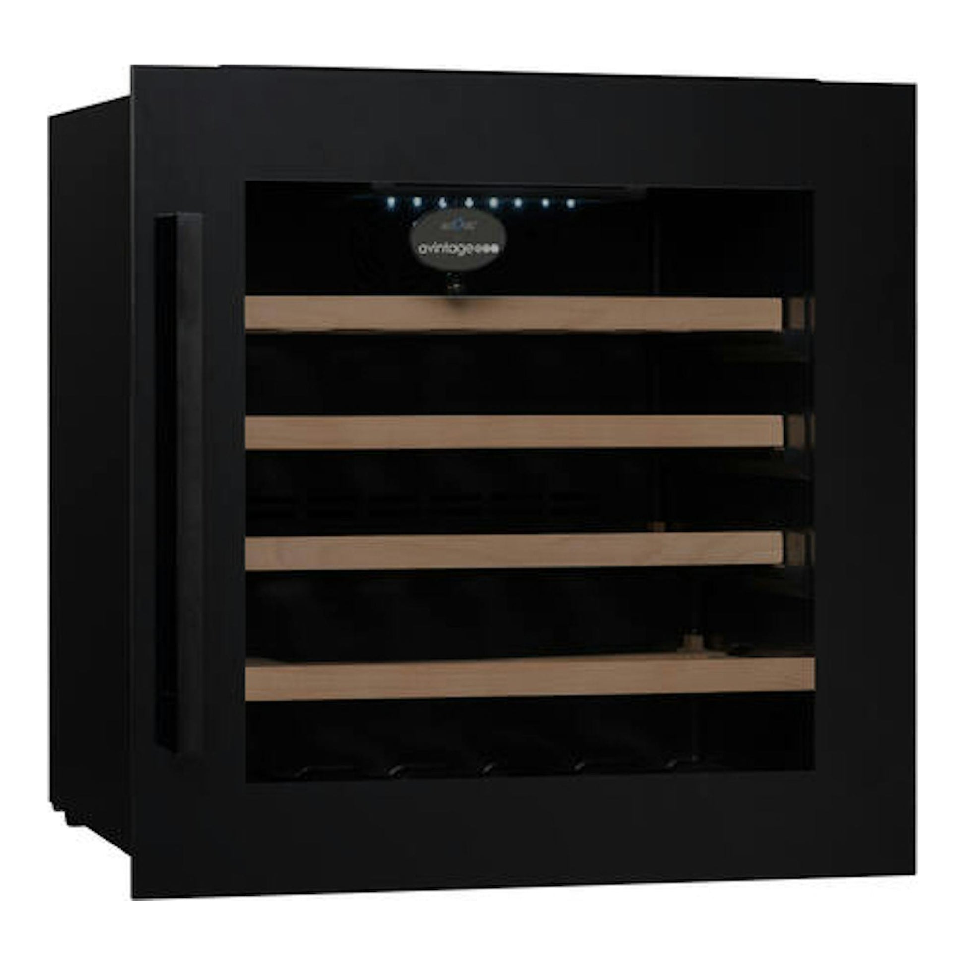 Vinoteca integrable Avintage AVI63CSZF negra, vista frontal, con puerta de cristal y baldas de madera