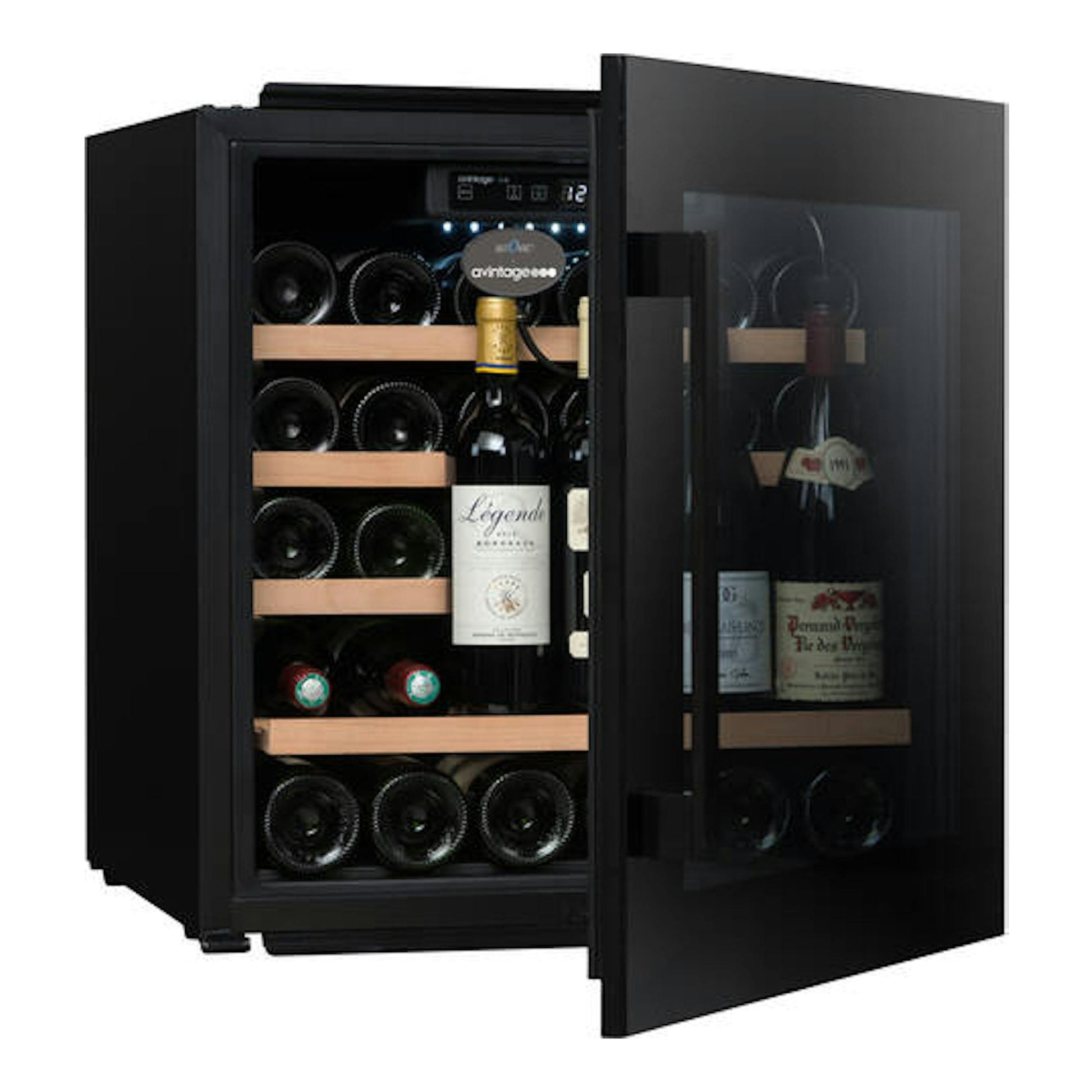 Vinoteca integrable Avintage AVI63CSZF negra, vista frontal con puerta de cristal abierta y botellas.