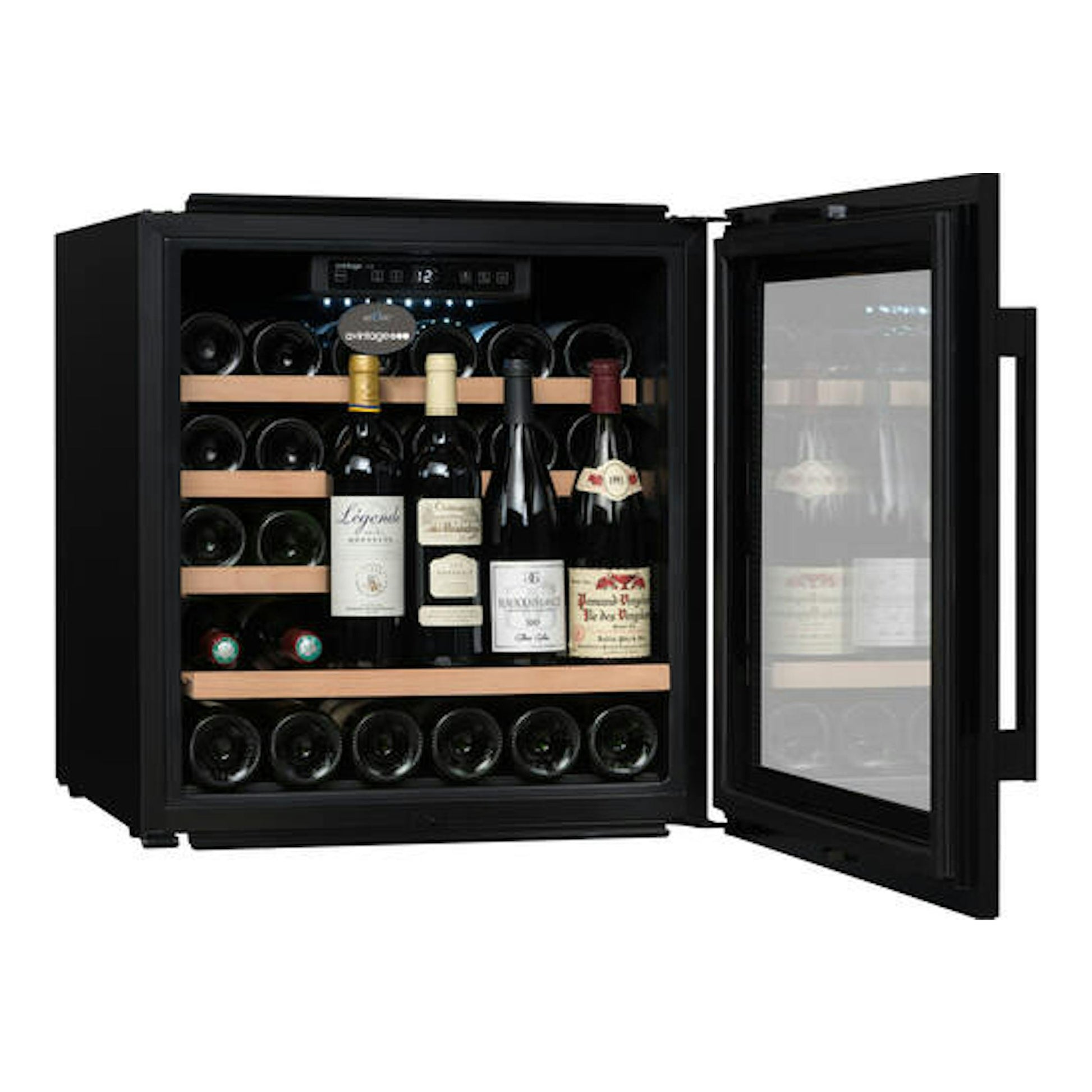 Vinoteca integrable Avintage AVI63CSZF negra, vista frontal con puerta de cristal abierta y botellas en el interior.