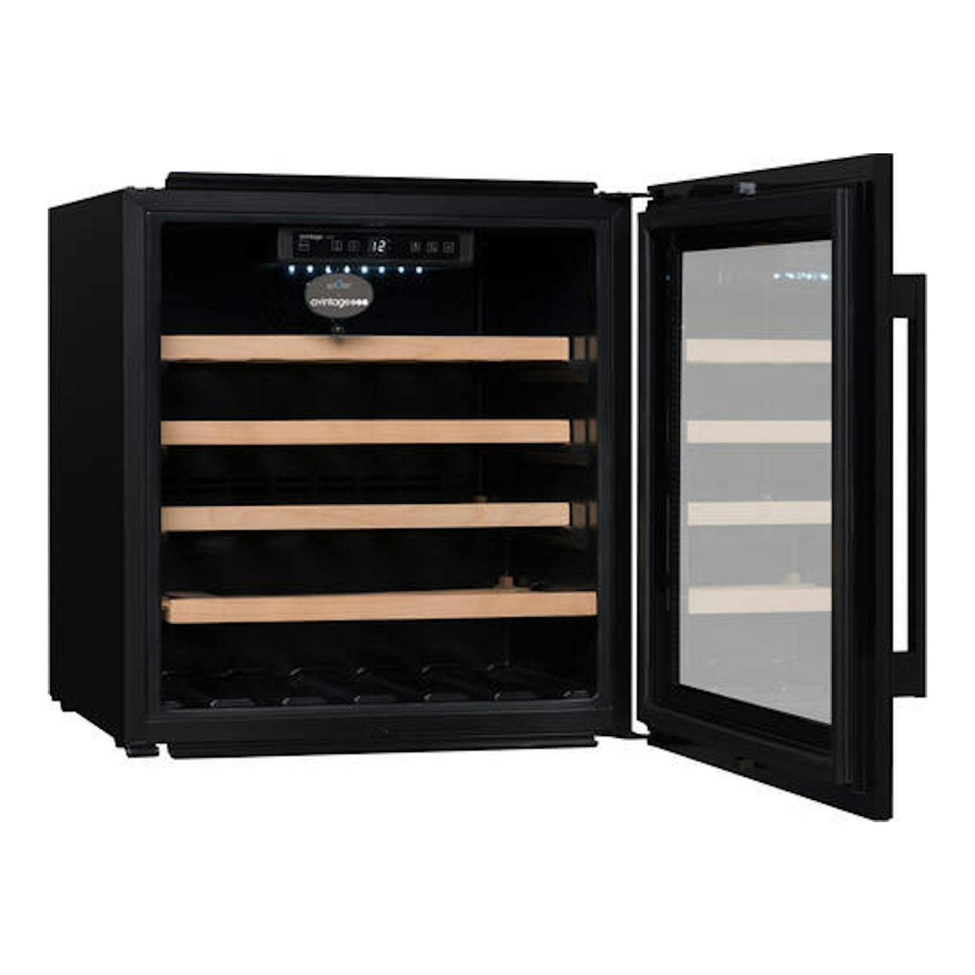 Vinoteca integrable Avintage AVI63CSZF negra, vista frontal con puerta abierta y baldas de madera.