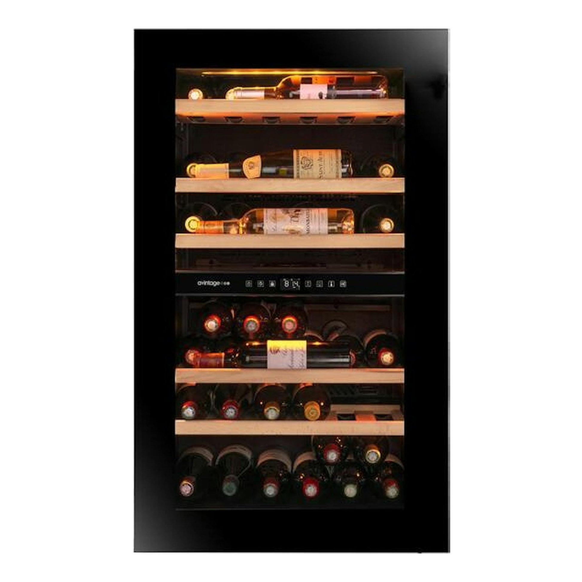 Vinoteca integrable Avintage AVI98PLATINUM negra, vista frontal, con botellas y baldas de madera.