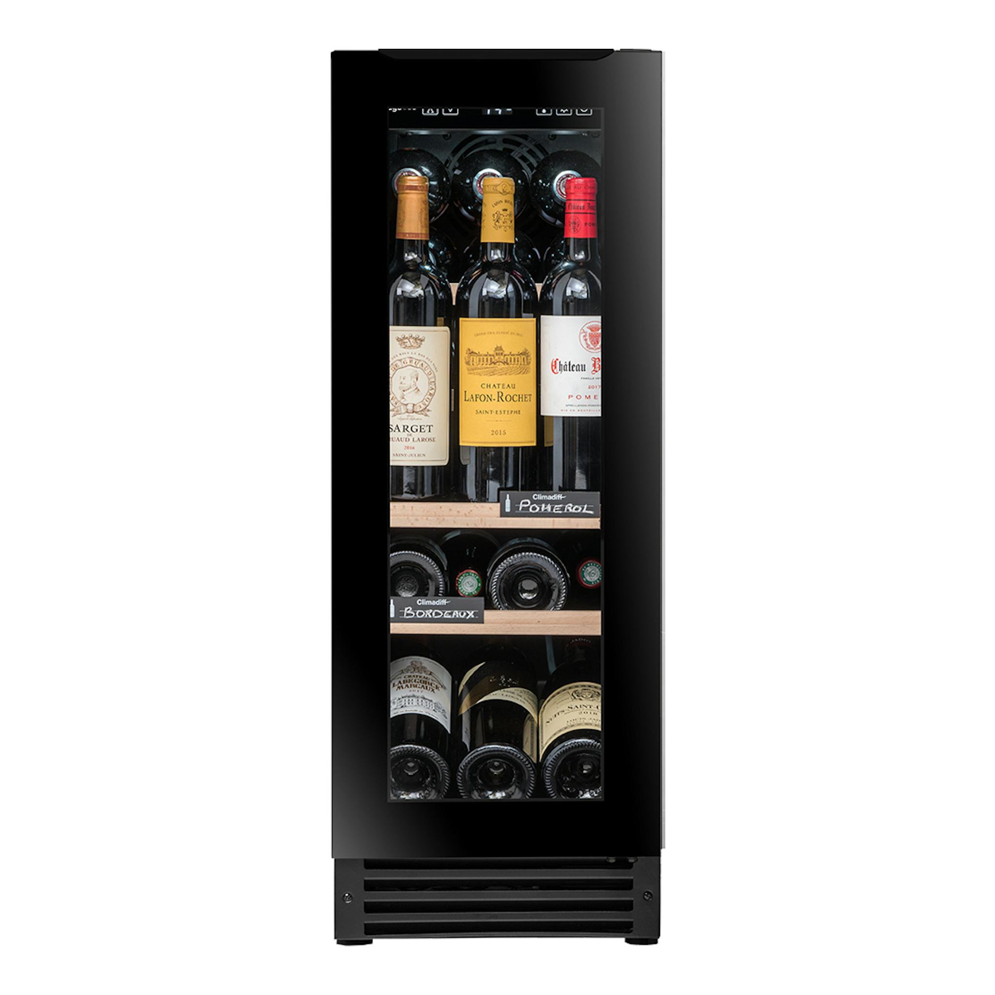 Vinoteca integrable Avintage AVU23TB1 negra, vista frontal, con botellas visibles tras puerta de cristal.