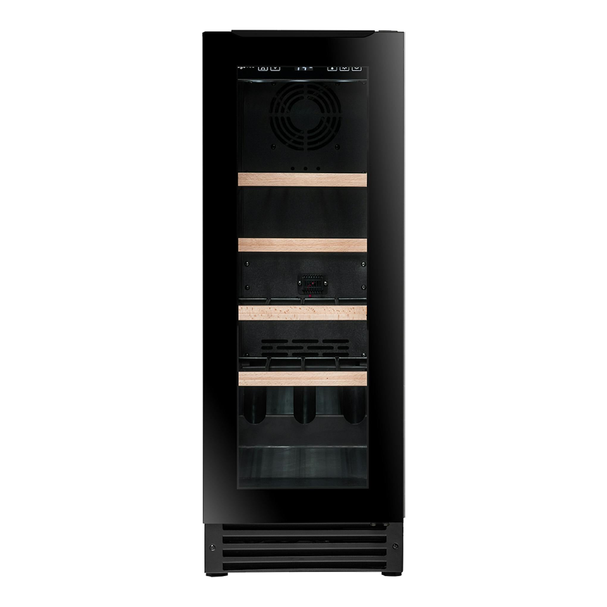 Vinoteca integrable Avintage AVU23TB1 negra, vista frontal, con estantes de madera y puerta de cristal.