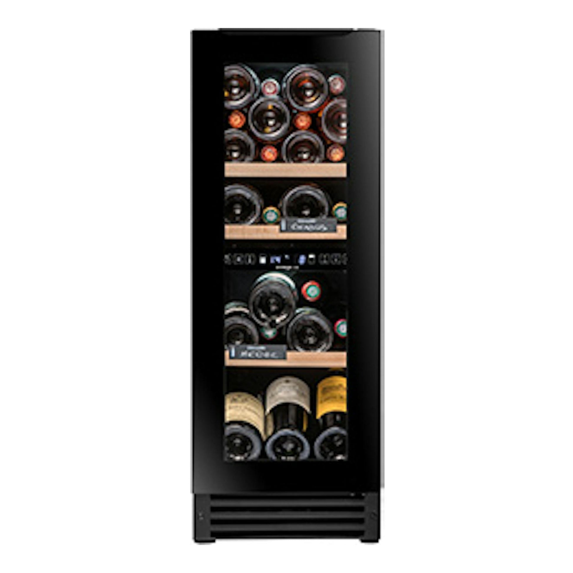 Vinoteca integrable Avintage AVU27D82 negra, vista frontal, con botellas en dos zonas.