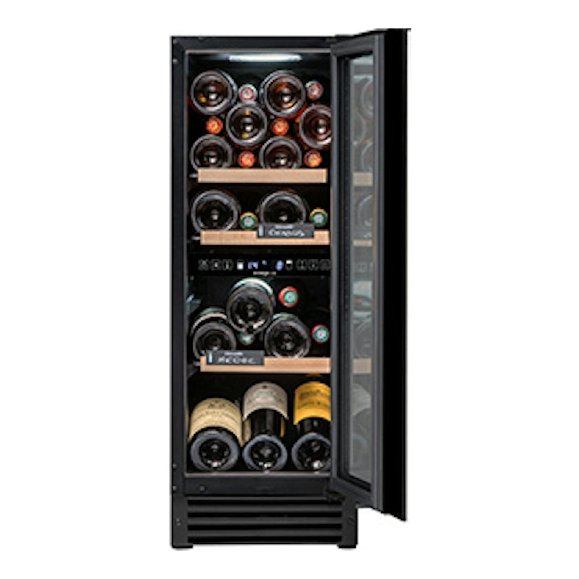 Vinoteca integrable Avintage AVU27D82 negra, vista frontal abierta, con botellas de vino en dos zonas.