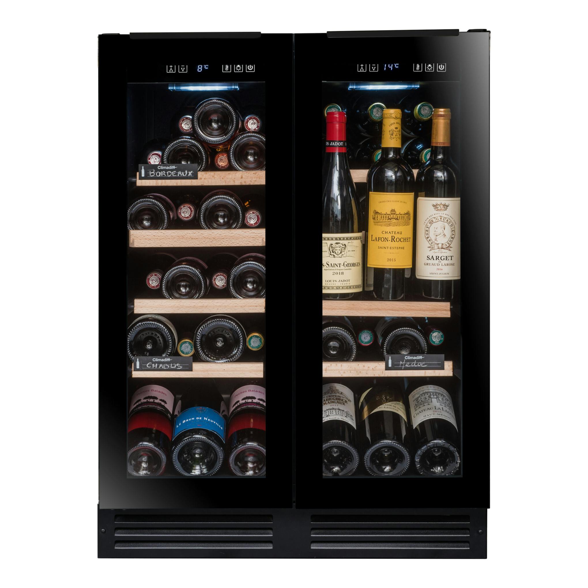 Vinoteca integrable Avintage AVU49DPB1 negra, vista frontal, doble zona con botellas visibles.