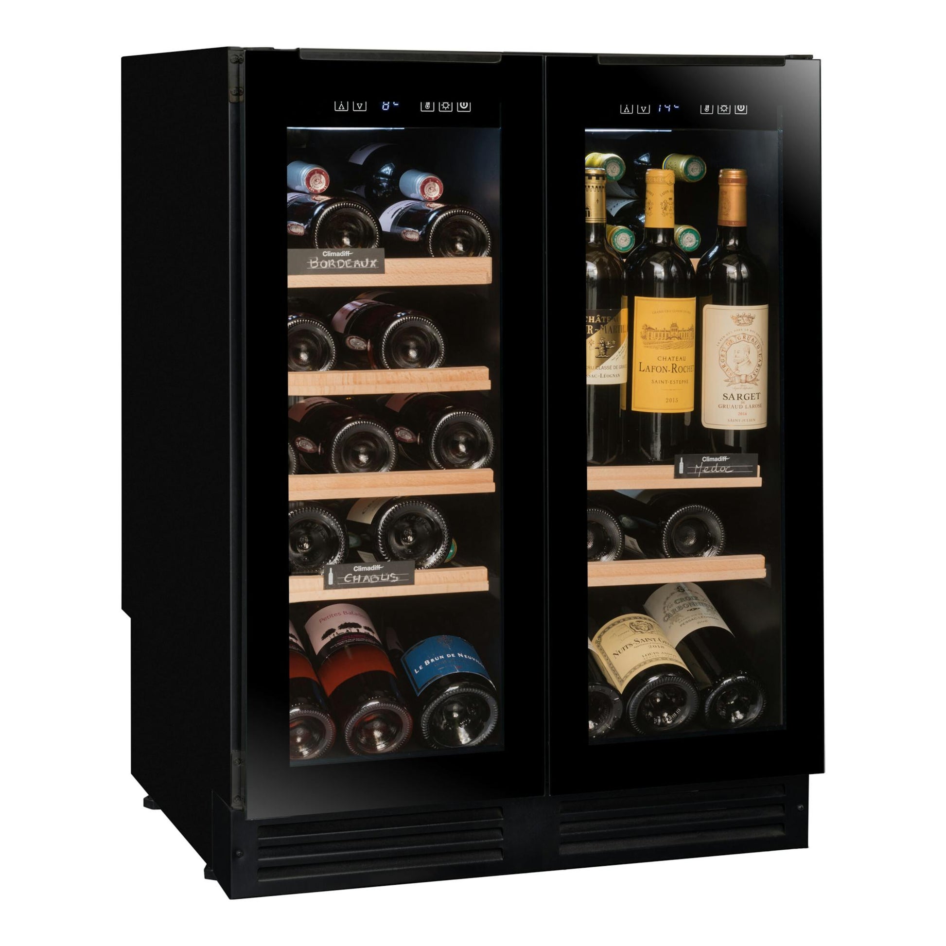 Vinoteca integrable Avintage AVU49DPB1 negra, vista frontal en ángulo, con doble puerta de cristal y botellas.