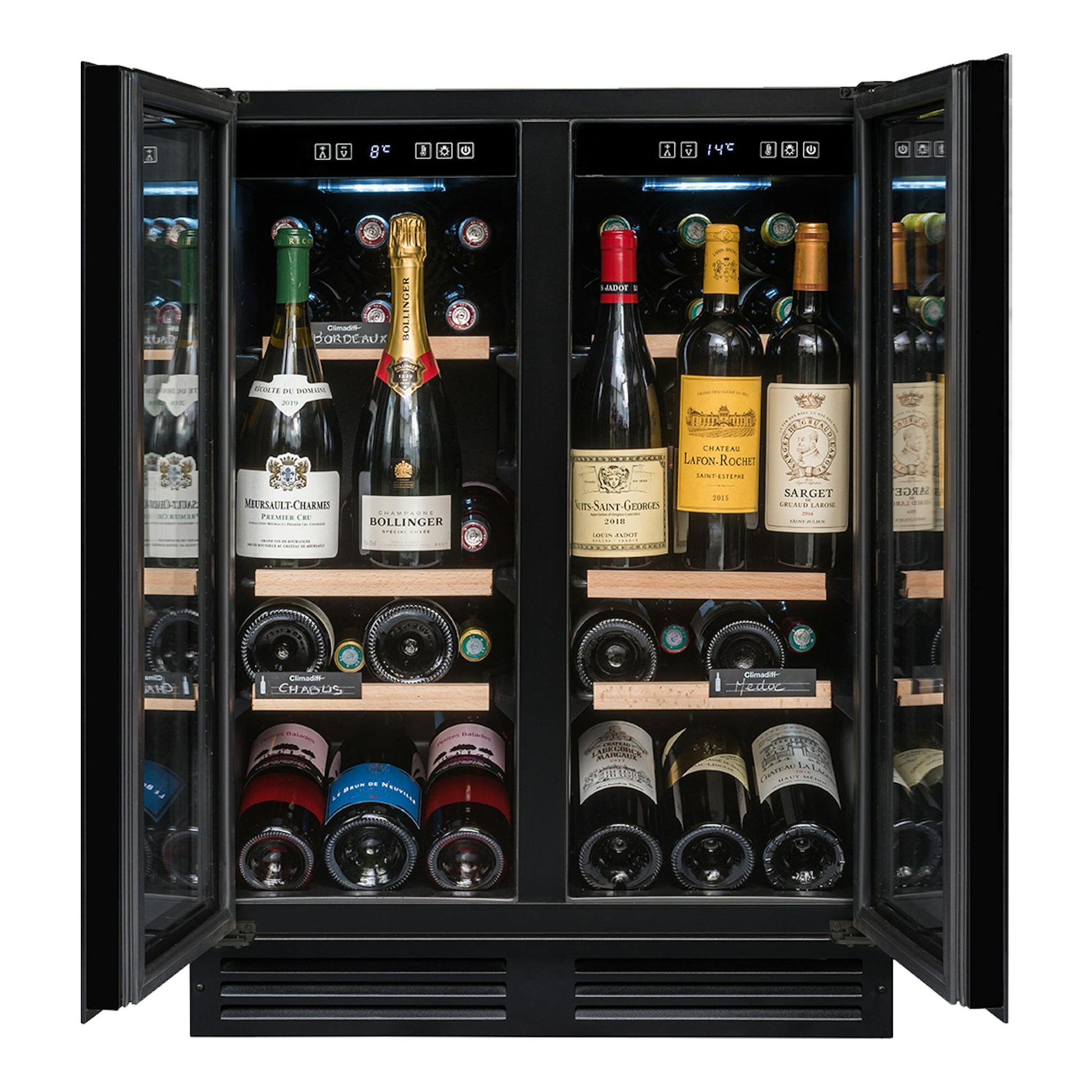 Vinoteca integrable Avintage AVU49DPB1 negra, vista frontal abierta, con dos zonas y botellas.