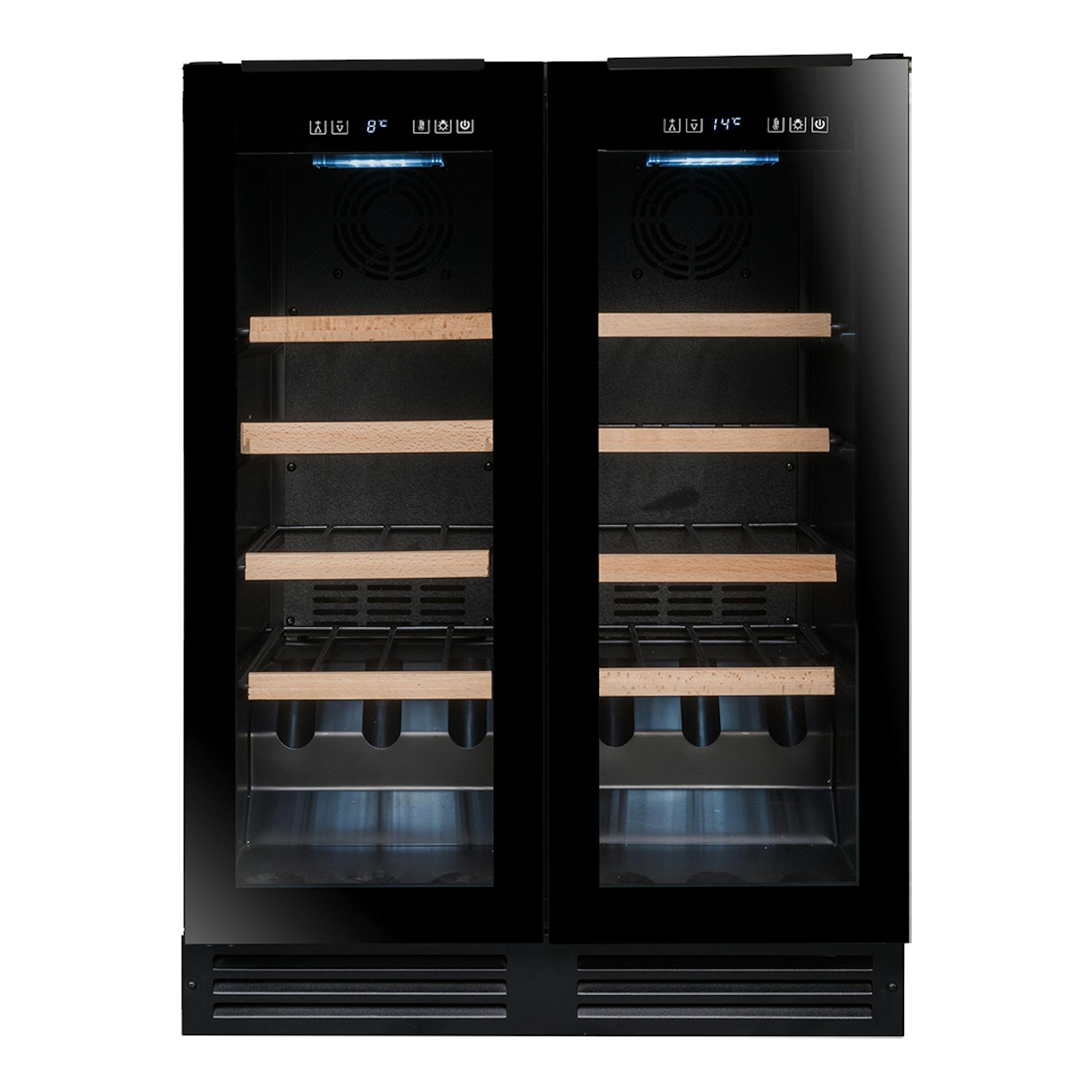 Vinoteca Avintage AVU49DPB1 negra, vista frontal, doble puerta de cristal, doble zona, estantes de madera y panel digital.