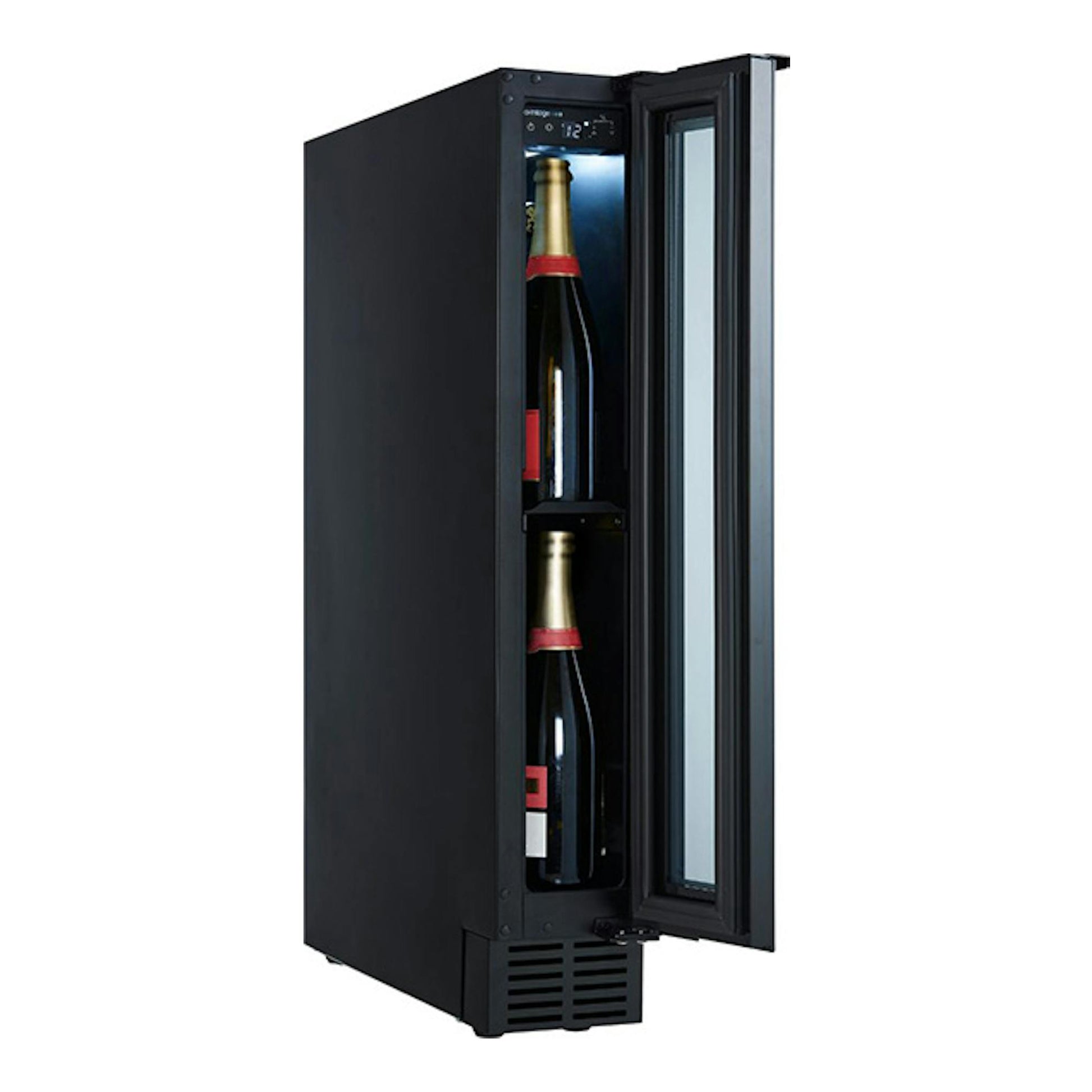 Vinoteca integrable Avintage AVU8S82 negra, vista frontal tres cuartos, puerta de cristal abierta, dos botellas.