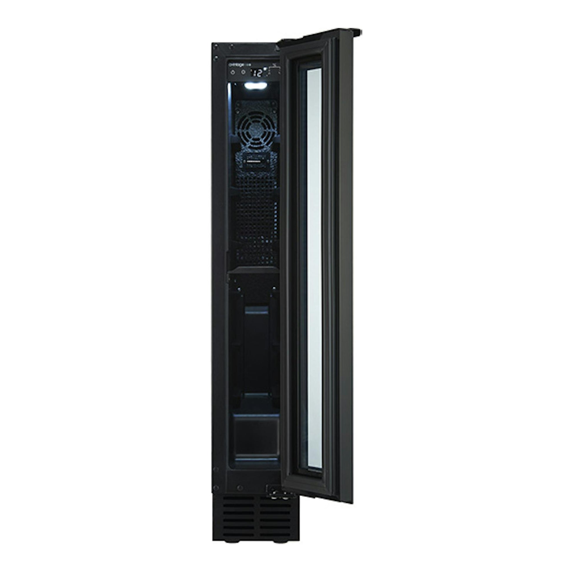 Vinoteca integrable Avintage AVU8S82 negra, frontal con puerta abierta y panel digital superior.