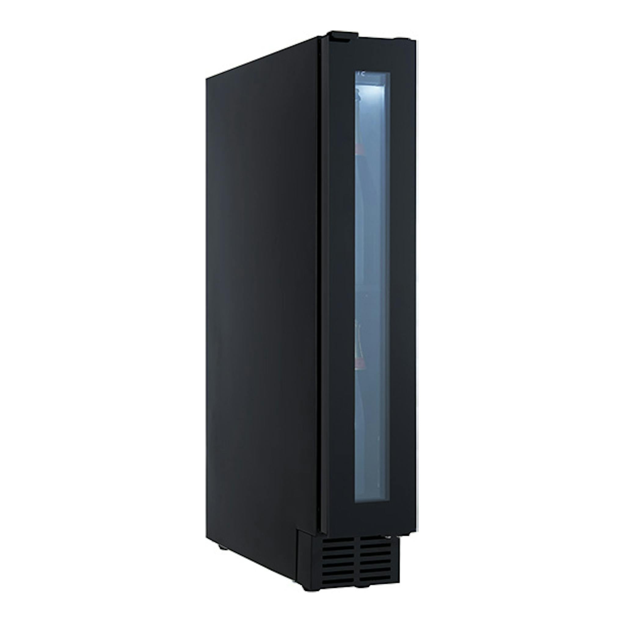 Vinoteca integrable Avintage AVU8S82 negra, vista en ángulo, con puerta frontal de vidrio estrecha.
