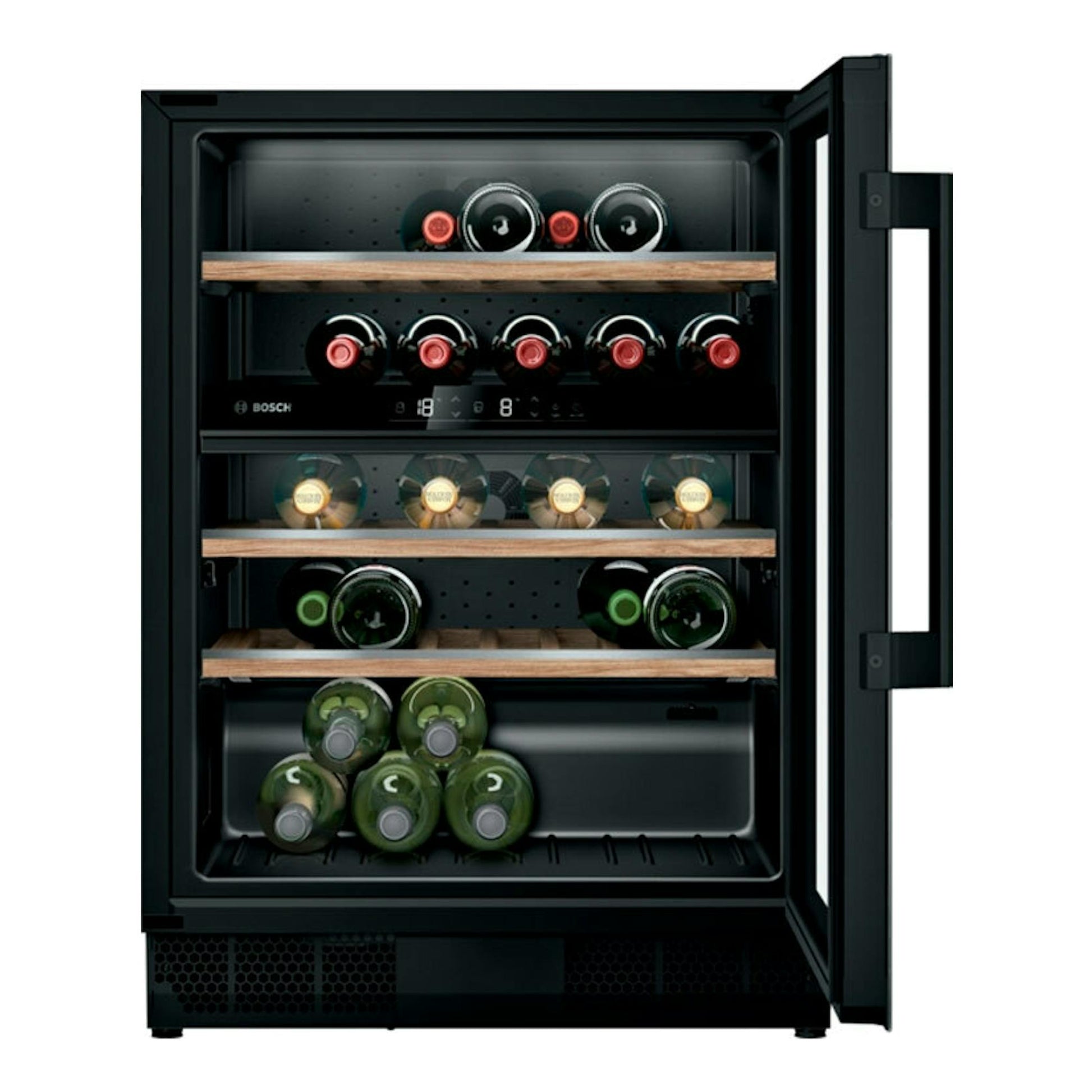 Vinoteca Bosch KUW21AHG0 negra, vista frontal con puerta abierta y botellas en baldas de madera.