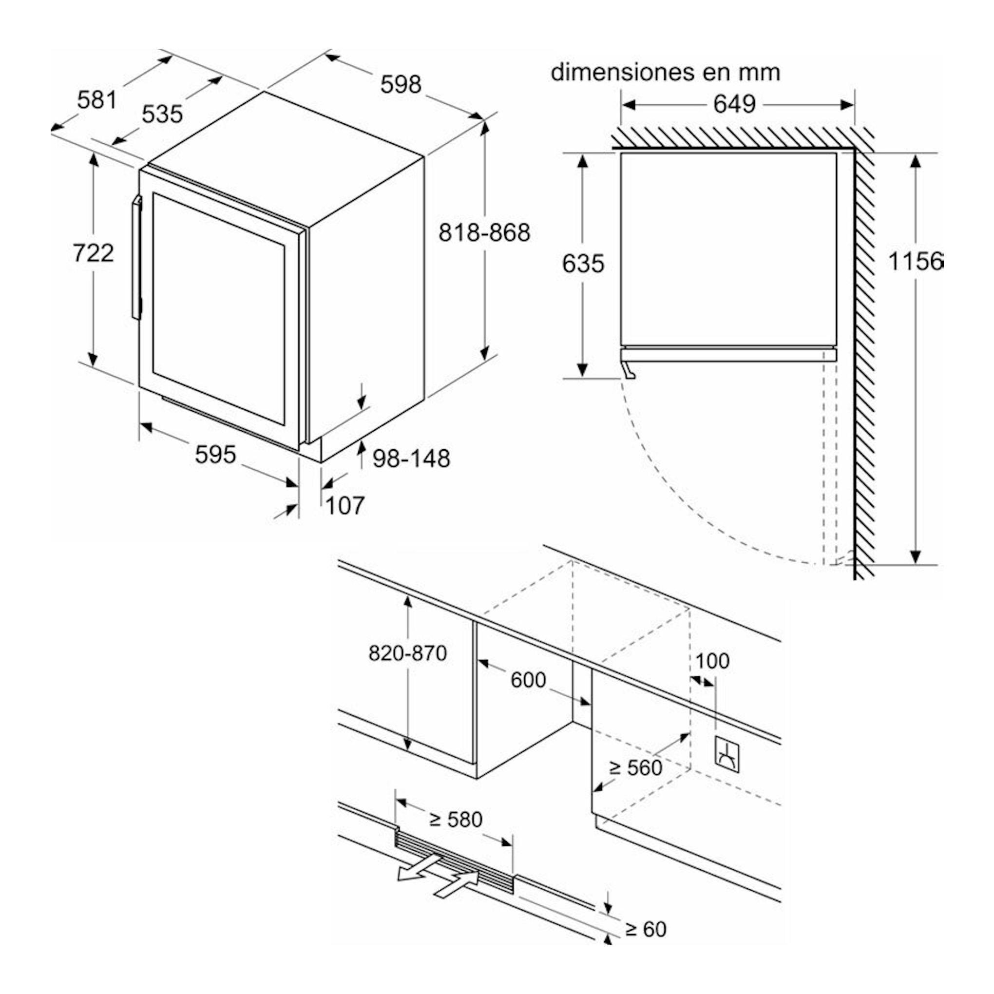 Bosch KUW21AHG0: esquema técnico de vinoteca integrable, con vistas y medidas de instalación.