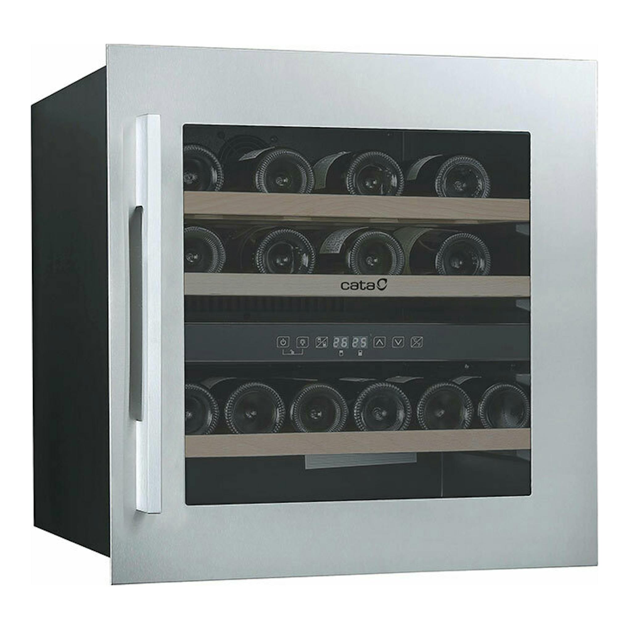 Vinoteca integrable Cata VI59036 X, vista frontal, acero inoxidable y puerta de cristal negro.