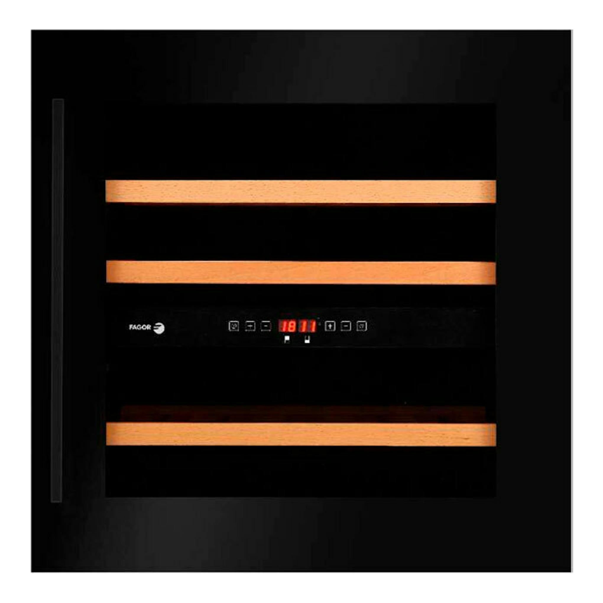 Vinoteca integrable Fagor 3WCI6040N negra, vista frontal, con baldas de madera y panel digital.