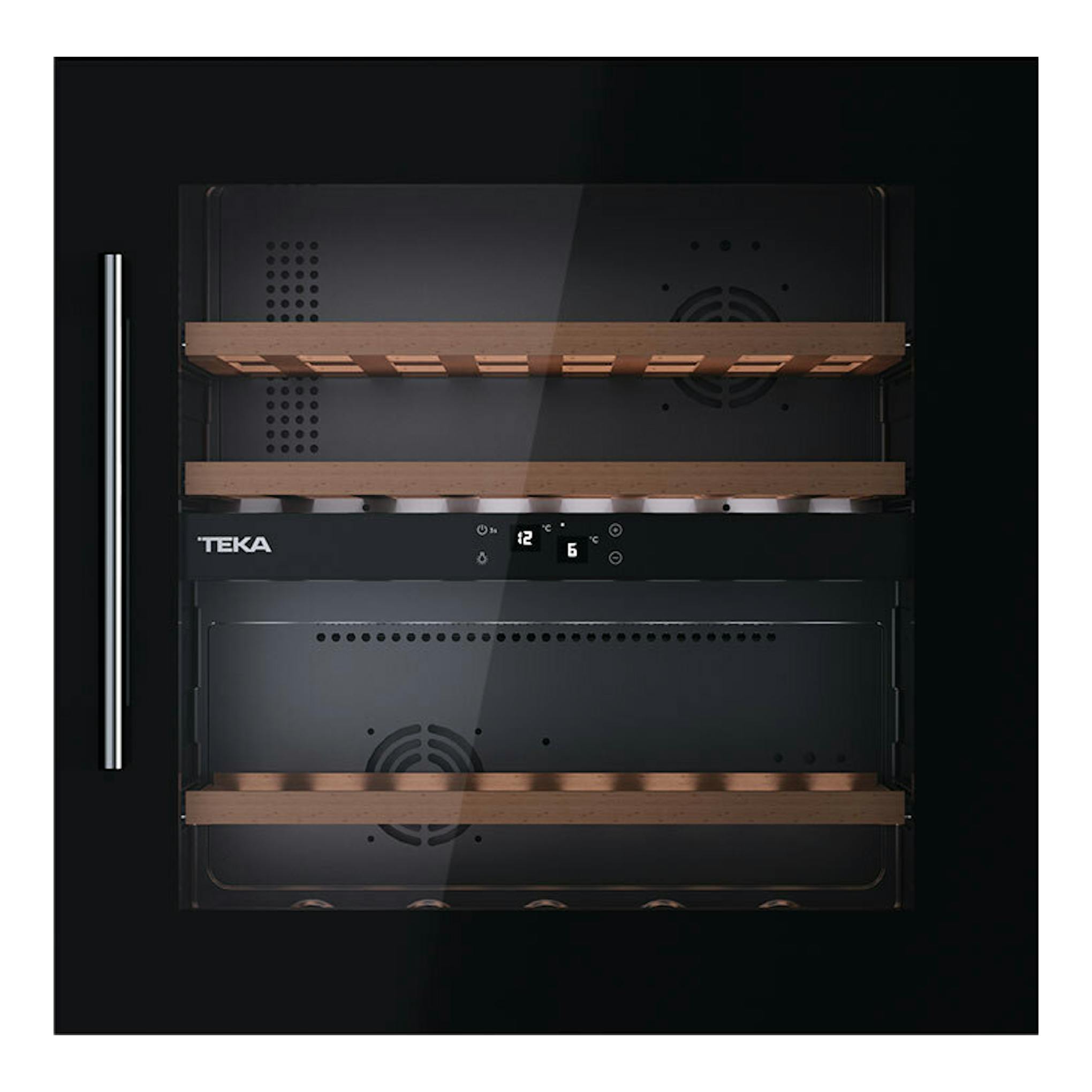 Vinoteca integrable Teka RVI20041 negra, vista frontal, con puerta de cristal, baldas de madera y panel digital.