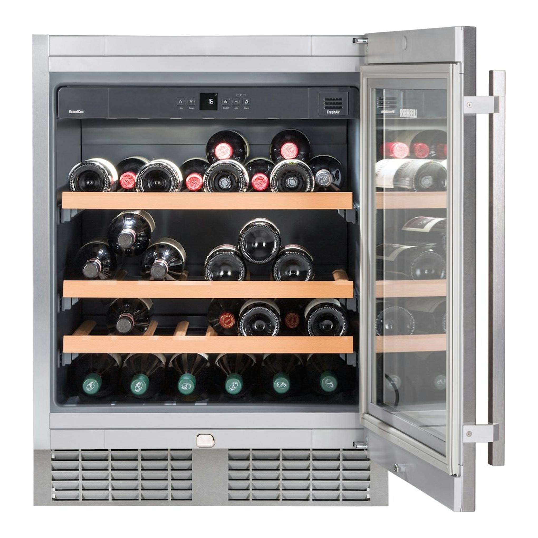 Vinoteca integrable Liebherr UWKes 1752-22 001 en acero inoxidable, con puerta abierta y botellas visibles.