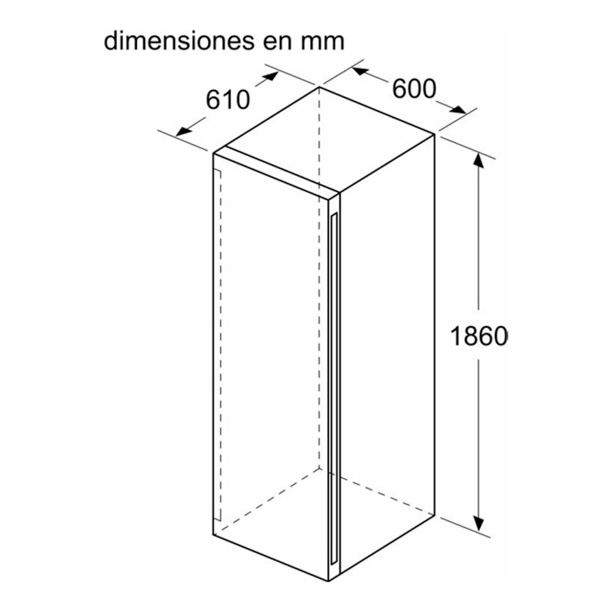 Vinoteca Siemens KW36KATGA negra, dibujo técnico en perspectiva con dimensiones 610 x 600 x 1860 mm.