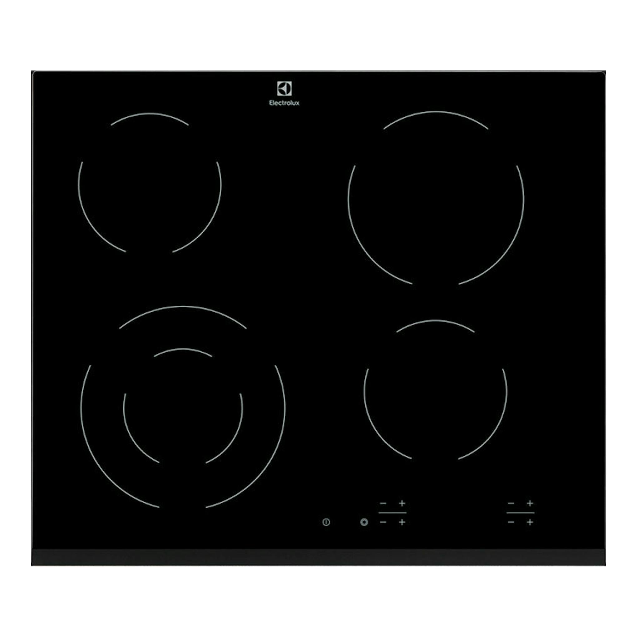 Vitrocerámica Electrolux EHF6241FOK negra, vista frontal, con cuatro zonas de cocción circulares.