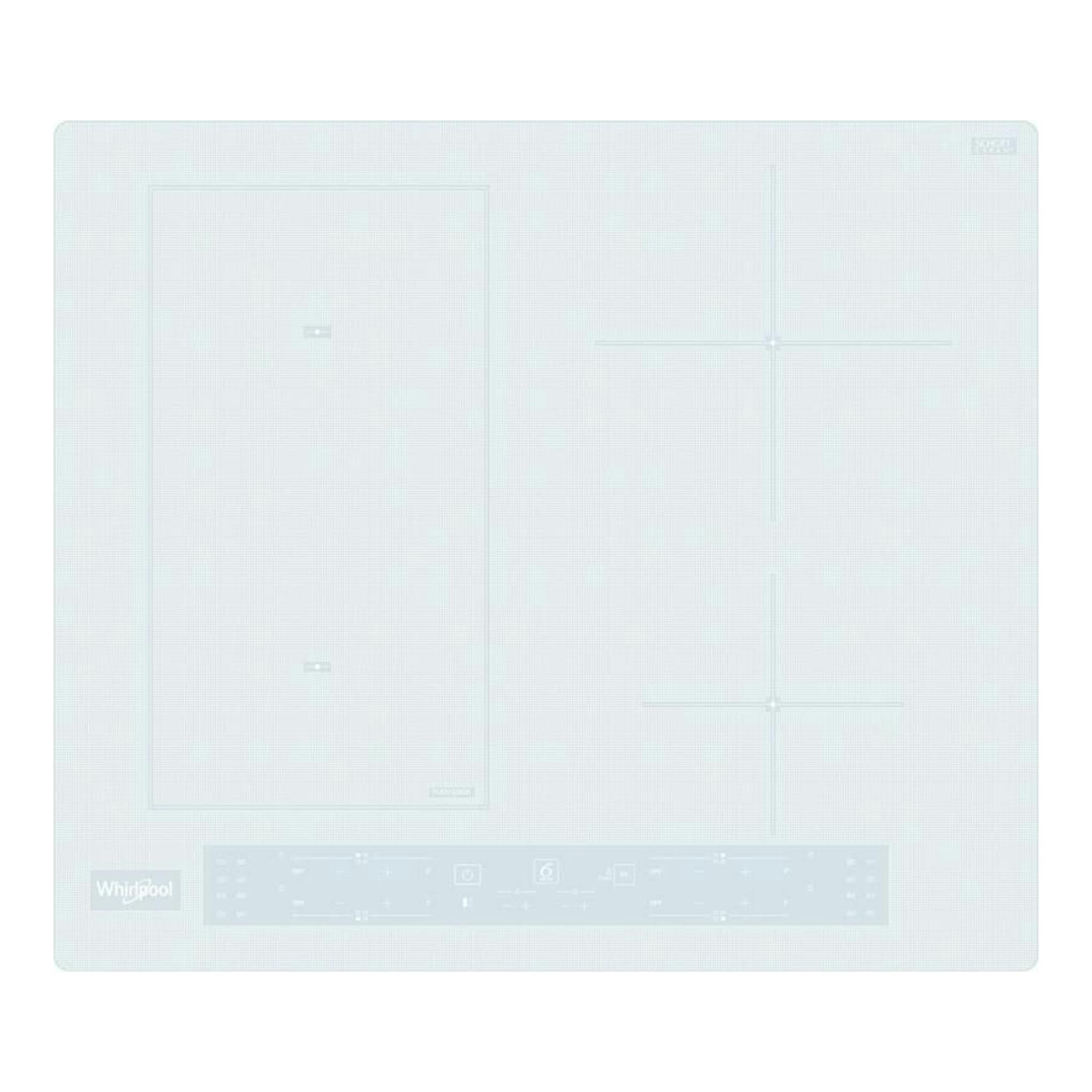 Placa de inducción Whirlpool WLB4560 NE/W, vista superior, color blanco con cuatro zonas de cocción marcadas.