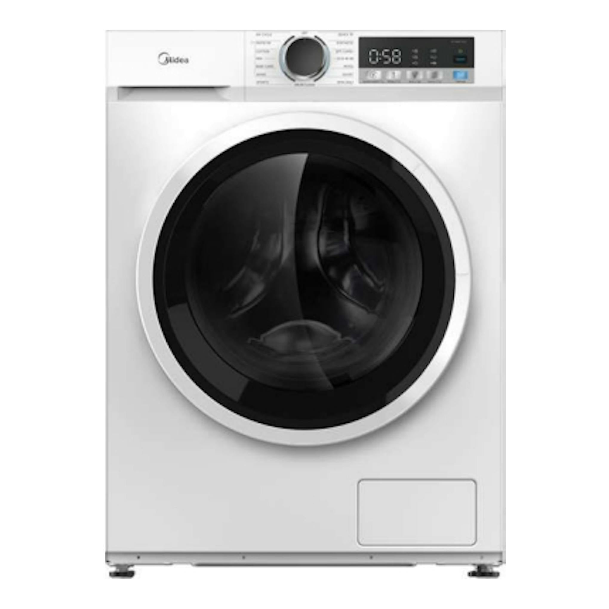 Lavadora frontal Midea blanca, vista frontal, con puerta circular negra y panel digital superior.