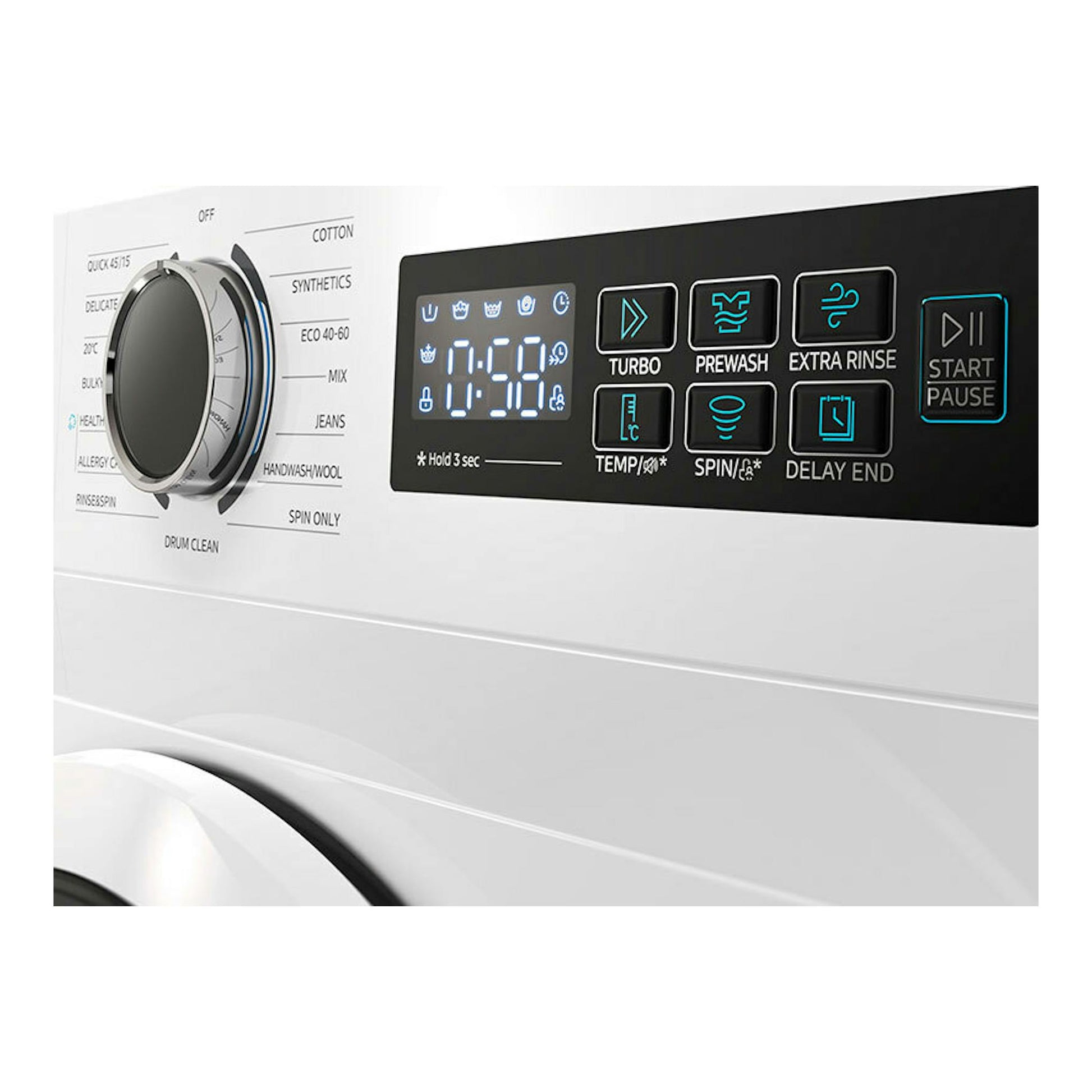 Lavadora Midea MF110W100BA10/W-ES blanca, vista frontal del panel de control con pantalla y botones.