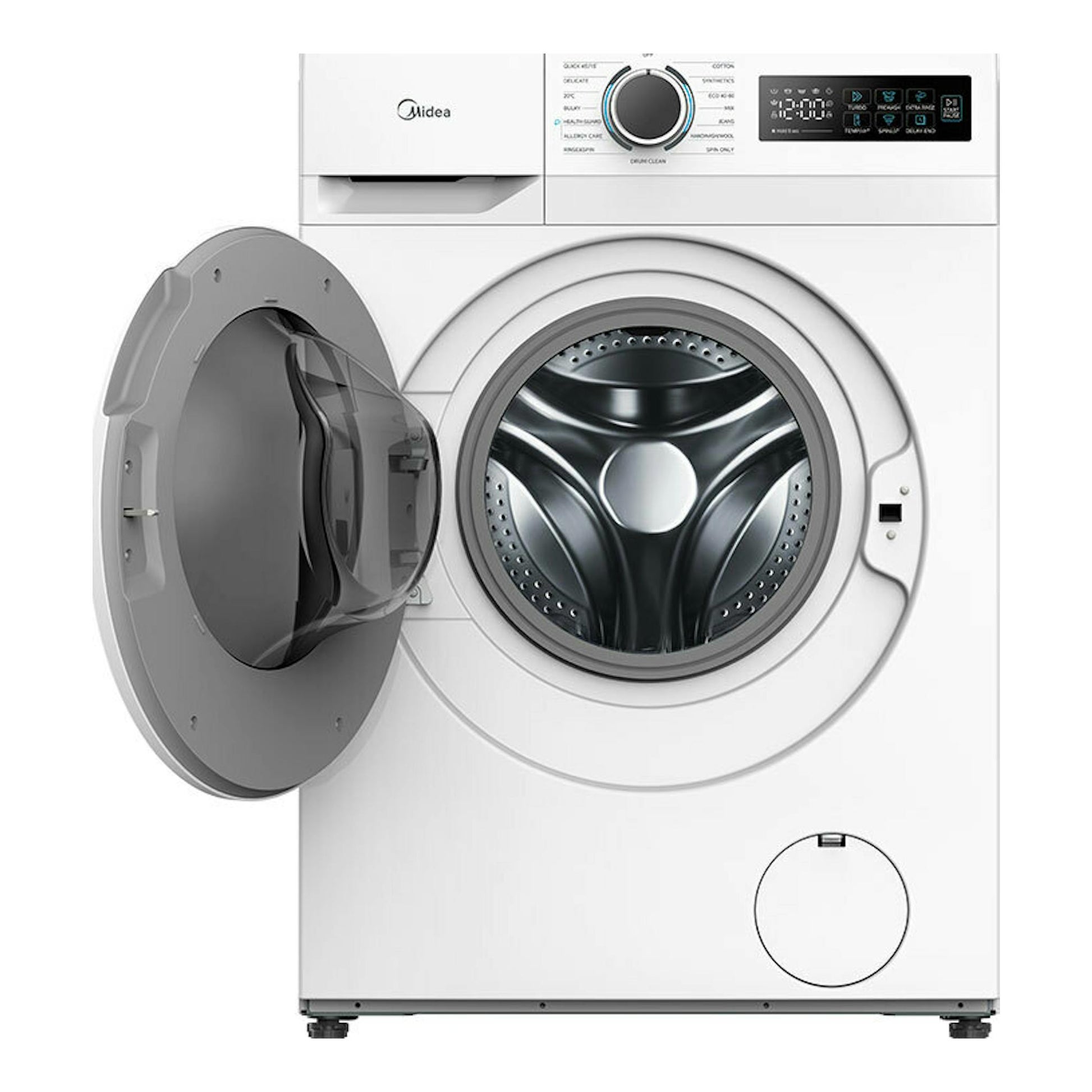 Lavadora frontal Midea MF110W100BA10/W-ES blanca, vista frontal, con la puerta abierta y panel digital superior.