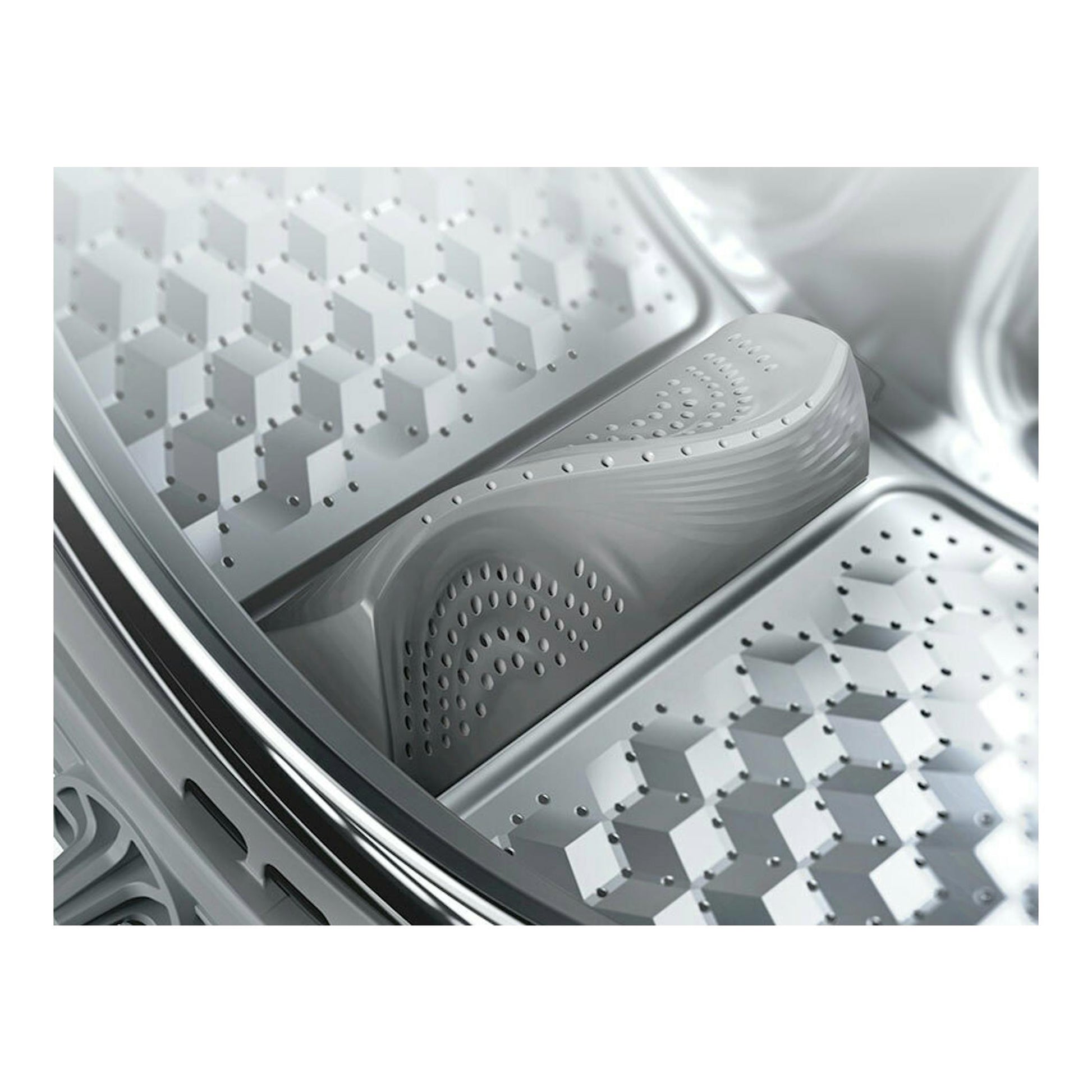 Interior del tambor de una lavadora Midea MF110W100BA10/W-ES de acero inoxidable, vista en primer plano.