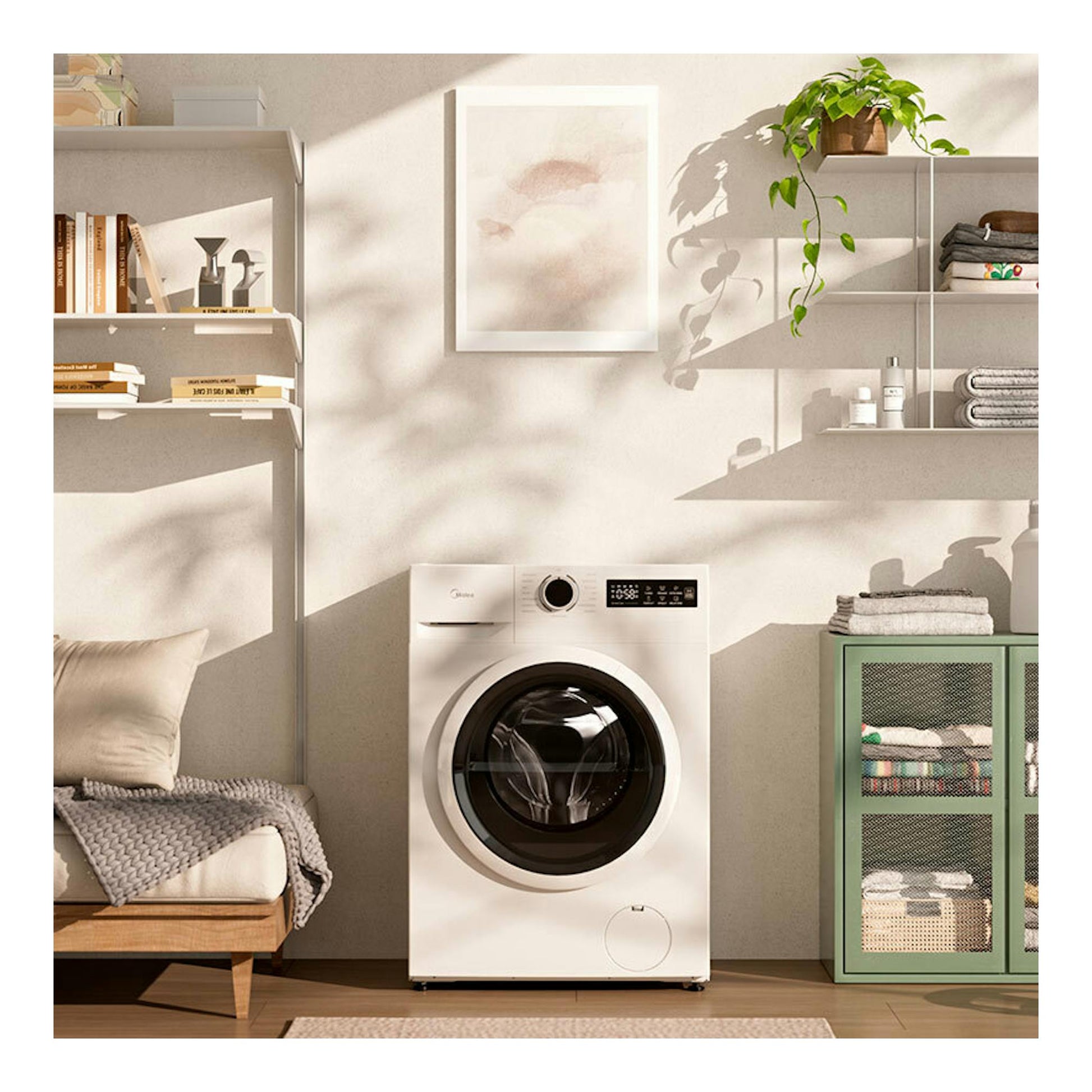 Lavadora Midea MF110W100BA10/W-ES blanca de 10 kg, vista frontal, en una habitación.
