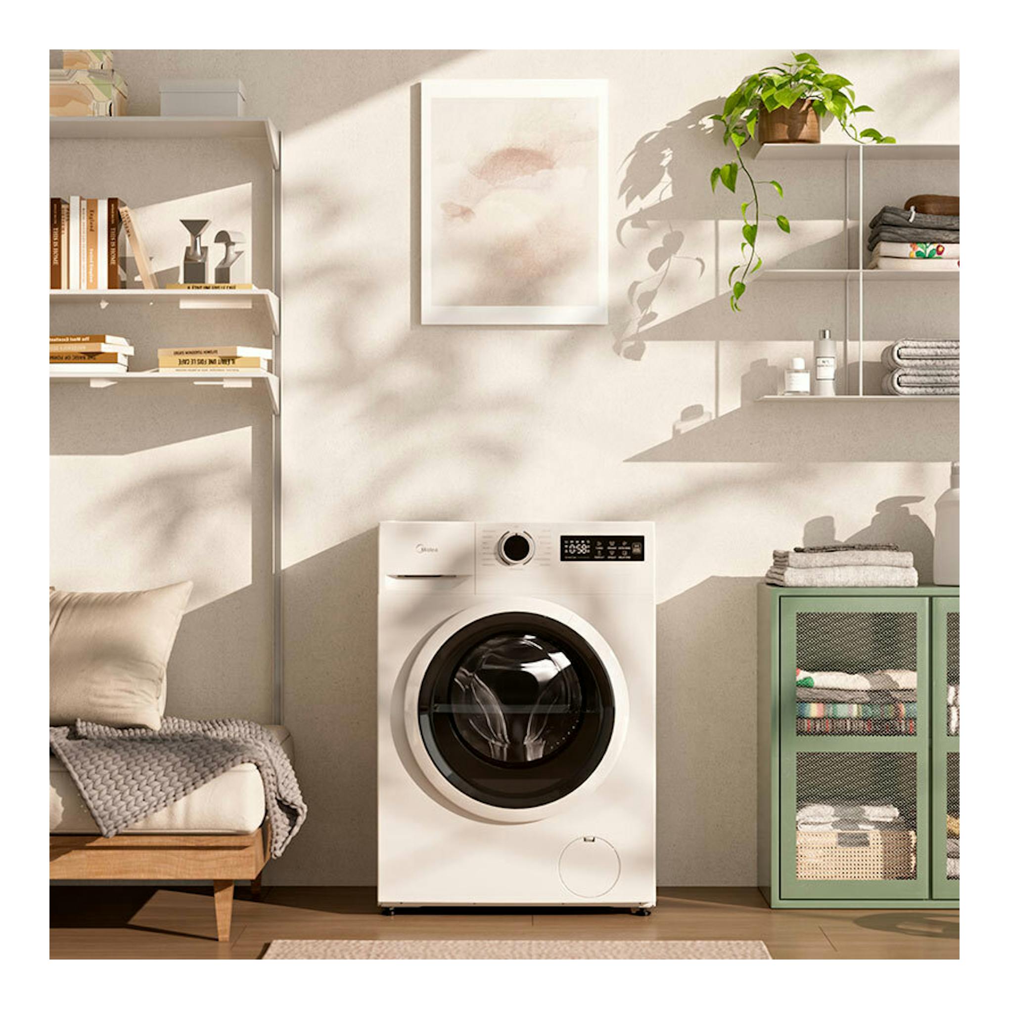 Lavadora Midea MF110W100BA10/W-ES blanca de 10 kg, vista frontal, en una habitación.