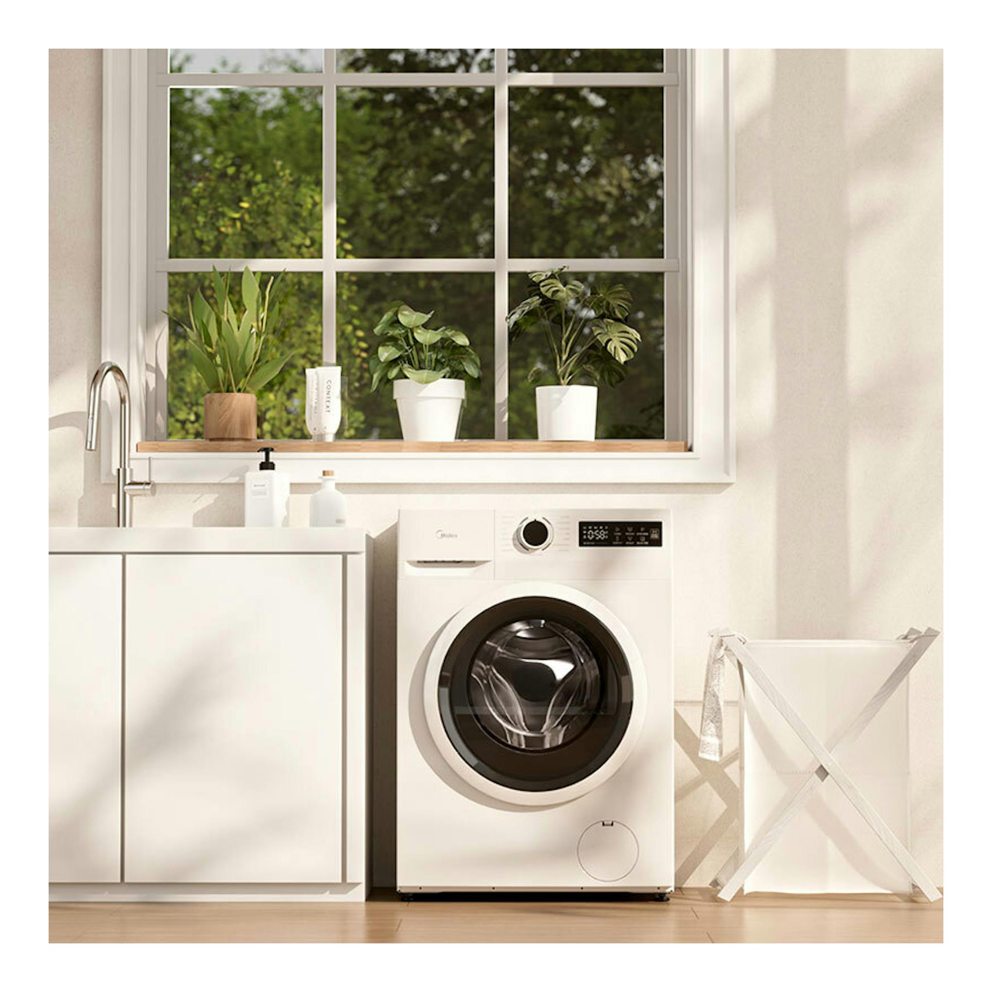 Lavadora Midea MF110W100BA10/W-ES blanca, vista frontal, con puerta circular y panel digital.