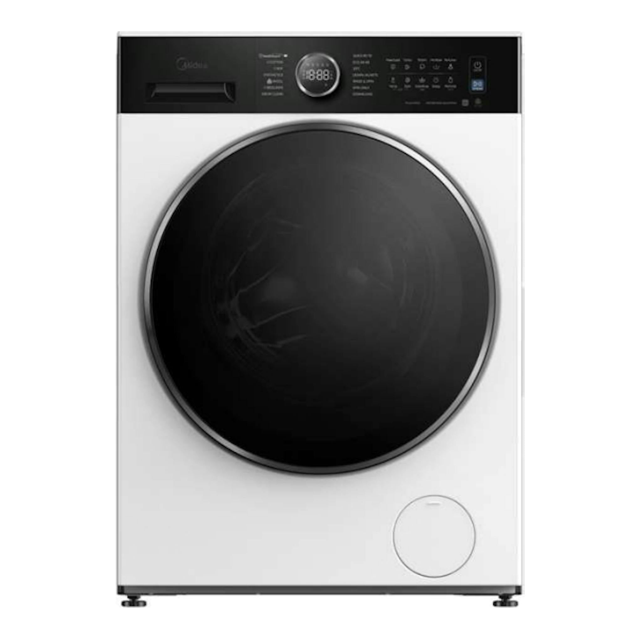 Lavadora Midea MF205W80BA30/W-ES blanca, vista frontal, con puerta circular negra y panel superior negro.
