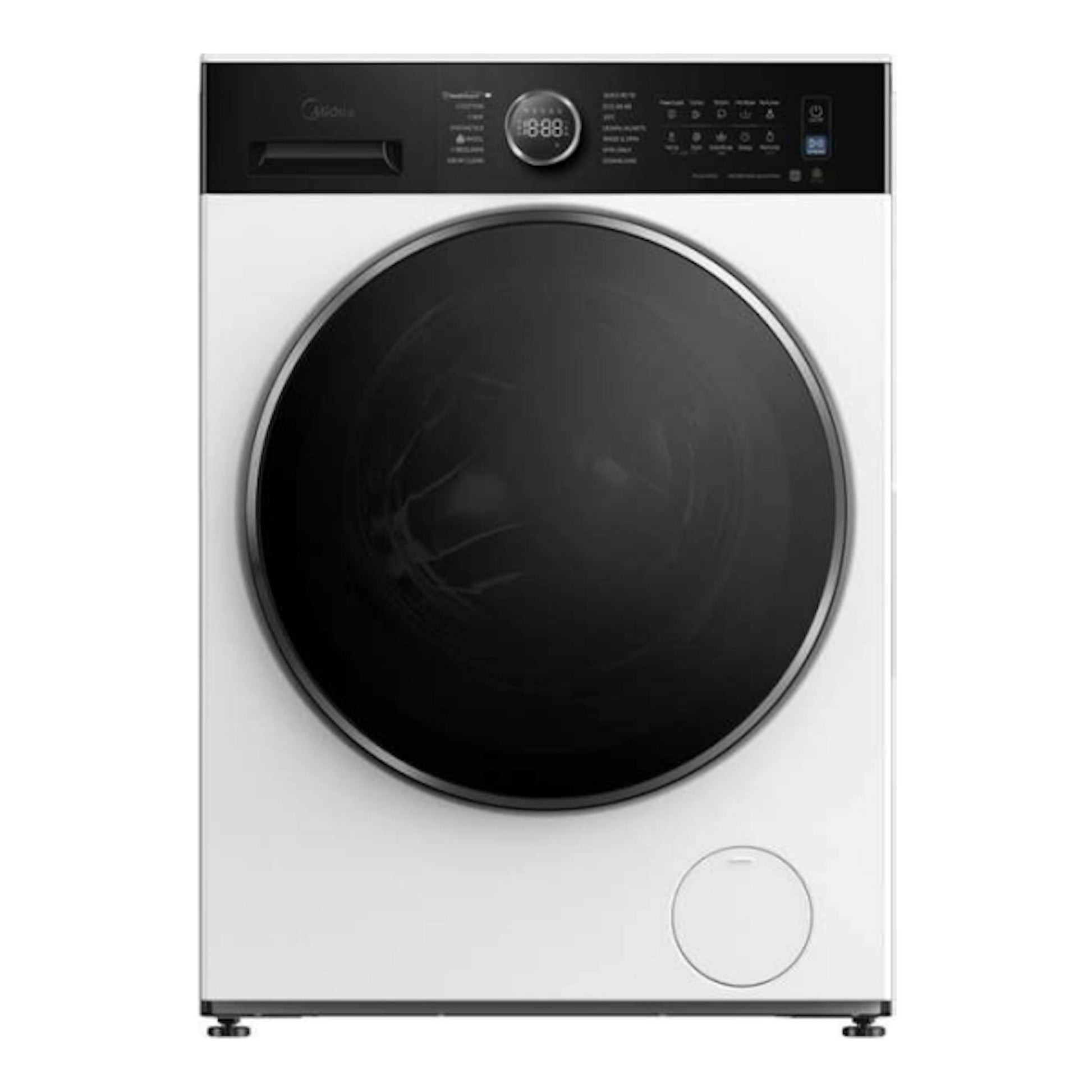 Secadora Midea MD205H80BW/W-ES blanca, vista frontal, puerta circular negra y panel superior negro.