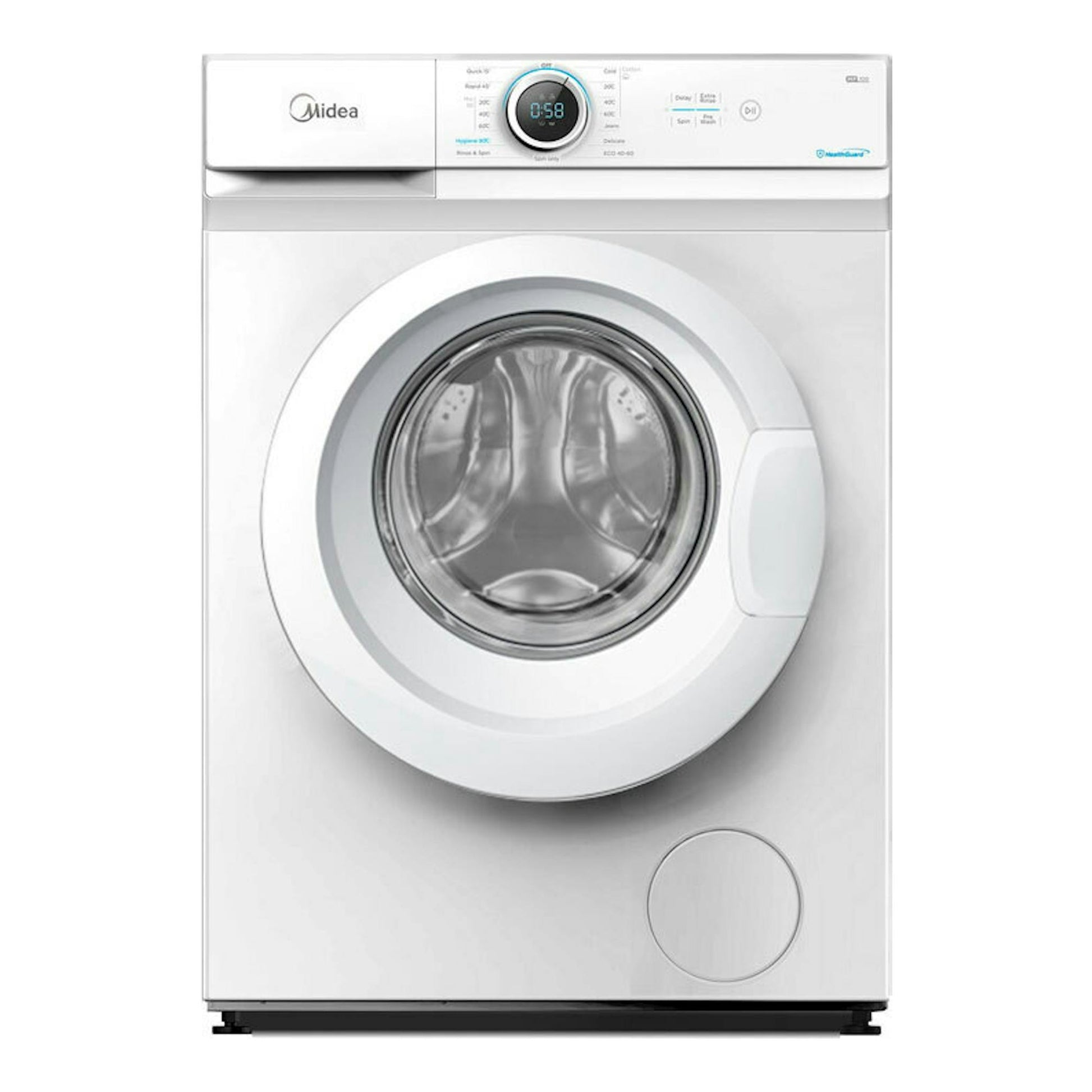 Lavadora frontal Midea MF100W60/1/W-ES blanca, vista frontal, con puerta circular y panel digital.
