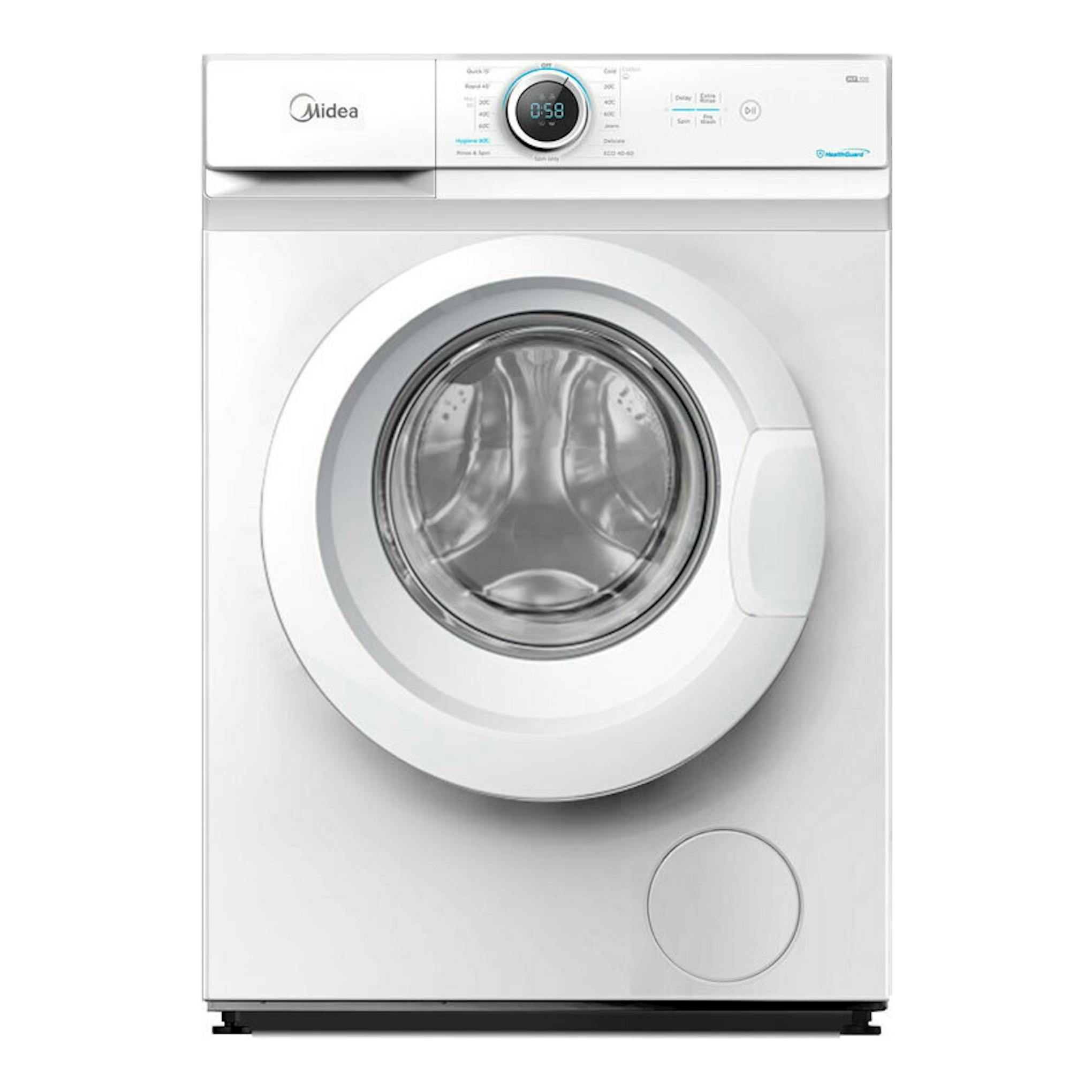 Lavadora frontal Midea MF100W60/1/W-ES blanca, vista frontal, con puerta circular y panel digital.