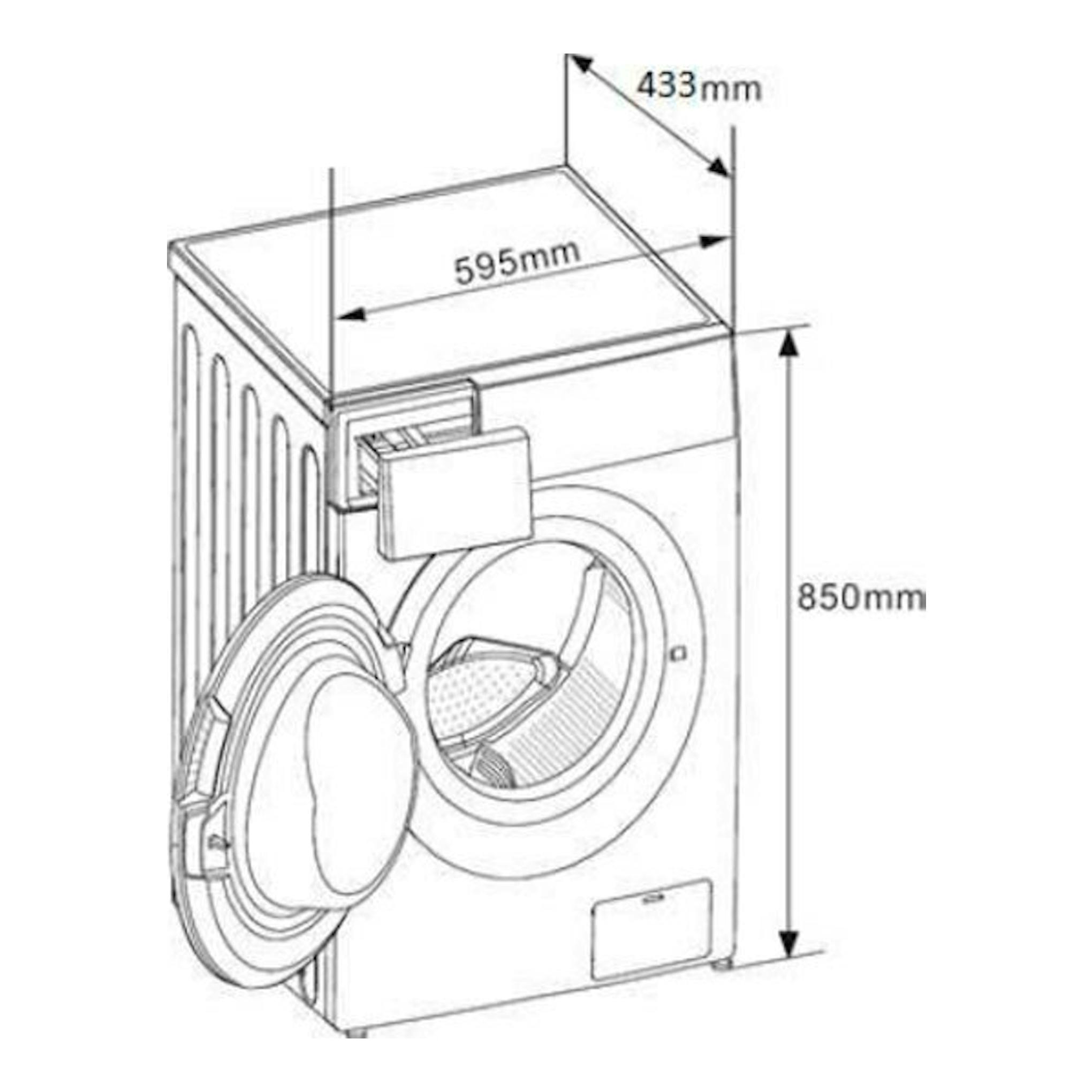 Lavadora Midea MF100W60/1/W-ES blanca, vista frontal con puerta abierta y medidas 595x433x850 mm