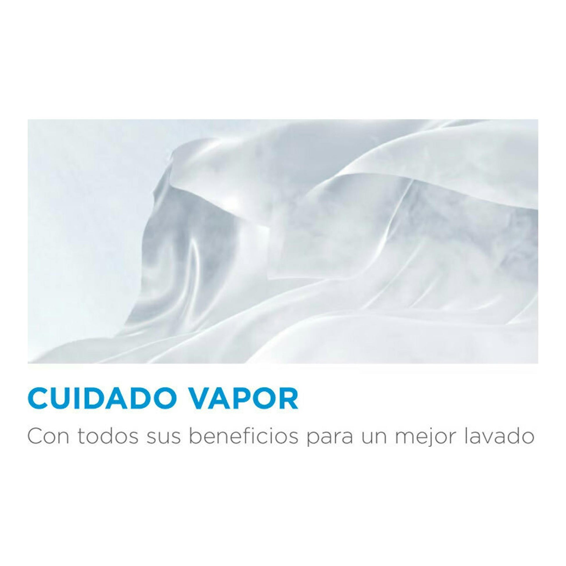Imagen promocional de la lavadora Midea MF100W60/1/W-ES 6 kg con vapor y texto “Cuidado vapor”.